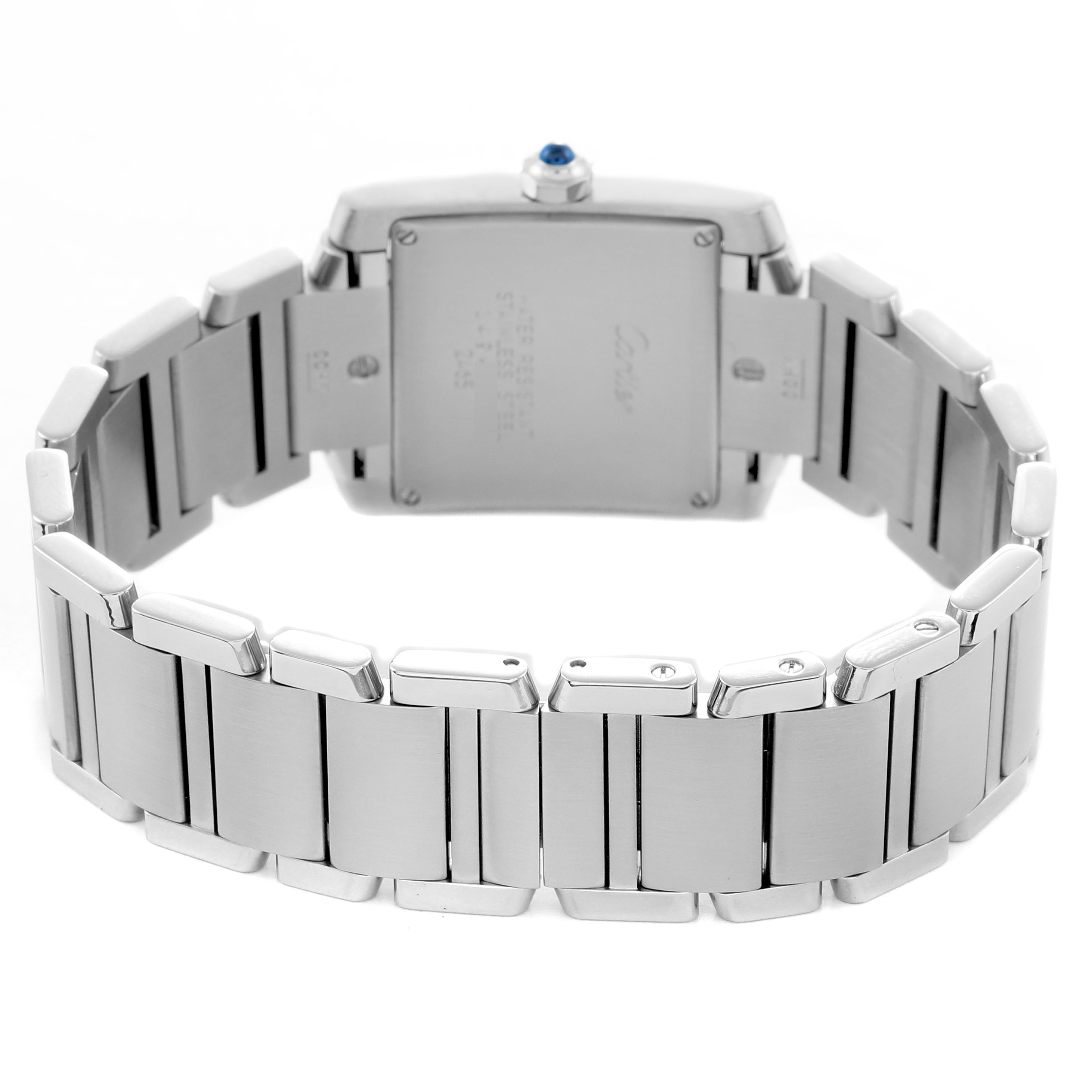 The Cartier Tank Francaise W51011Q3 Women
s Stainless Steel Silver Dial W51011Q3 Women
s Stainless Steel Silver Dial watch is shown from the rear, highlighting the back case and metal bracelet.