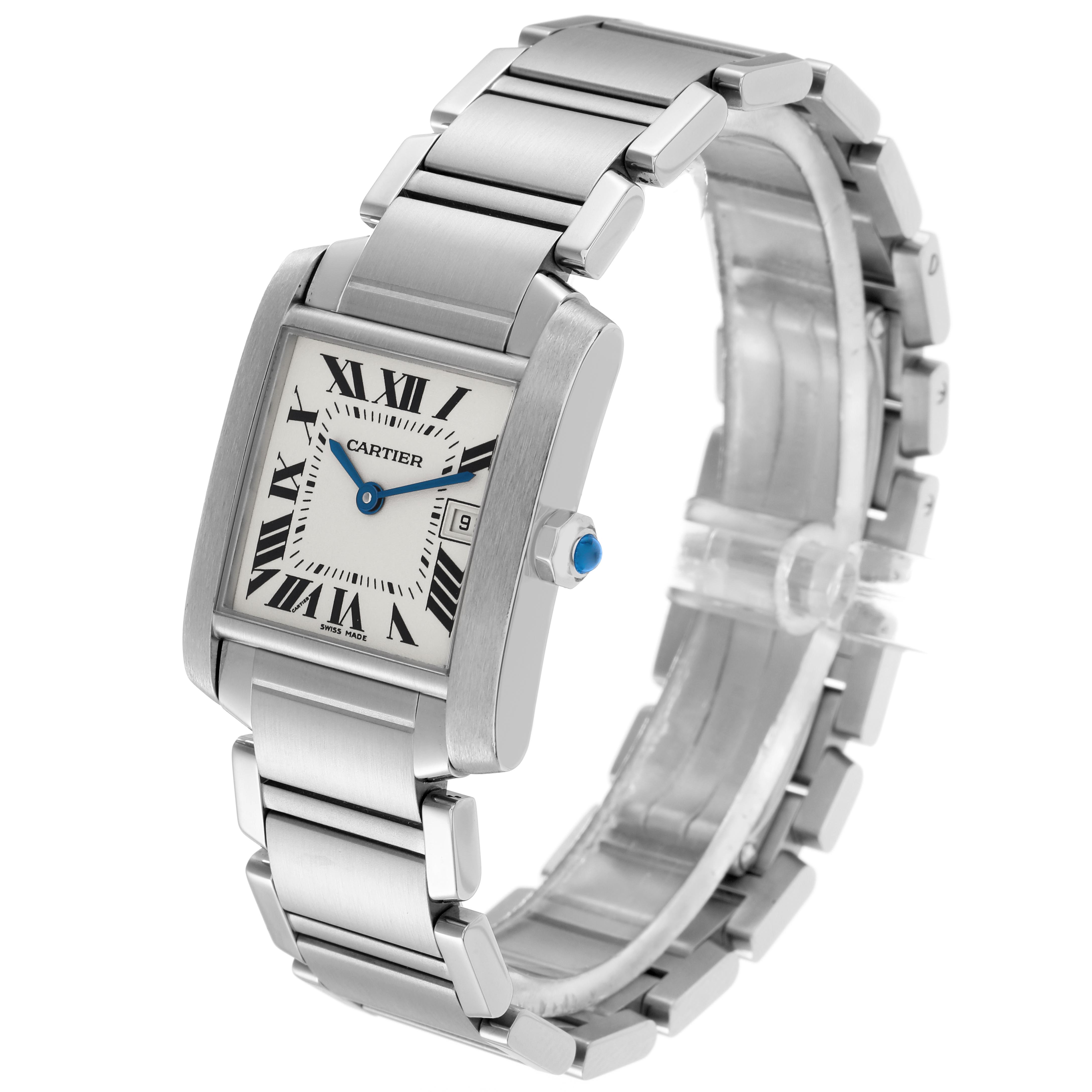 The Cartier Tank Française watch is shown at a three-quarter angle, highlighting the face, bracelet, and crown.