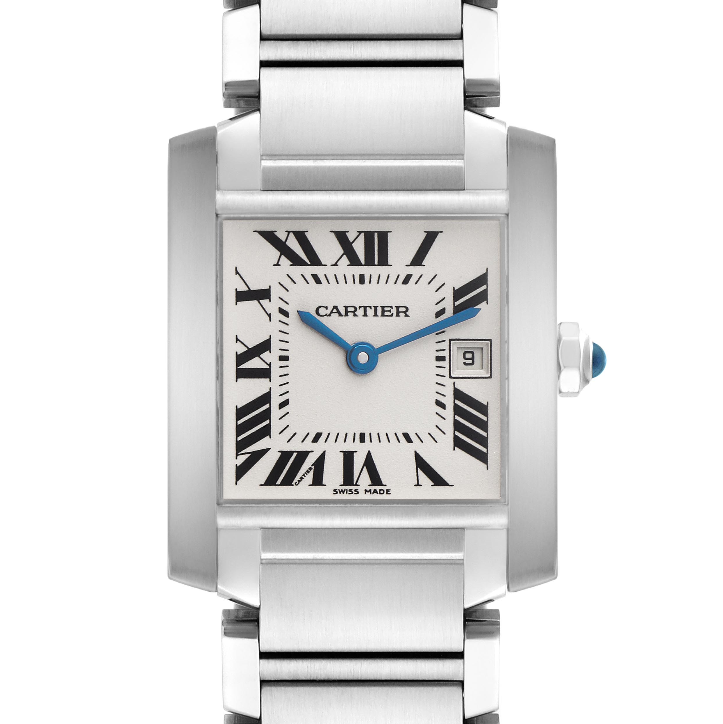 The Cartier Tank Francaise W51011Q3 Women
s Stainless Steel Silver Dial W51011Q3 Women
s Stainless Steel Silver Dial watch is shown from a front angle, highlighting its face, Roman numerals, date window, and metal bracelet.