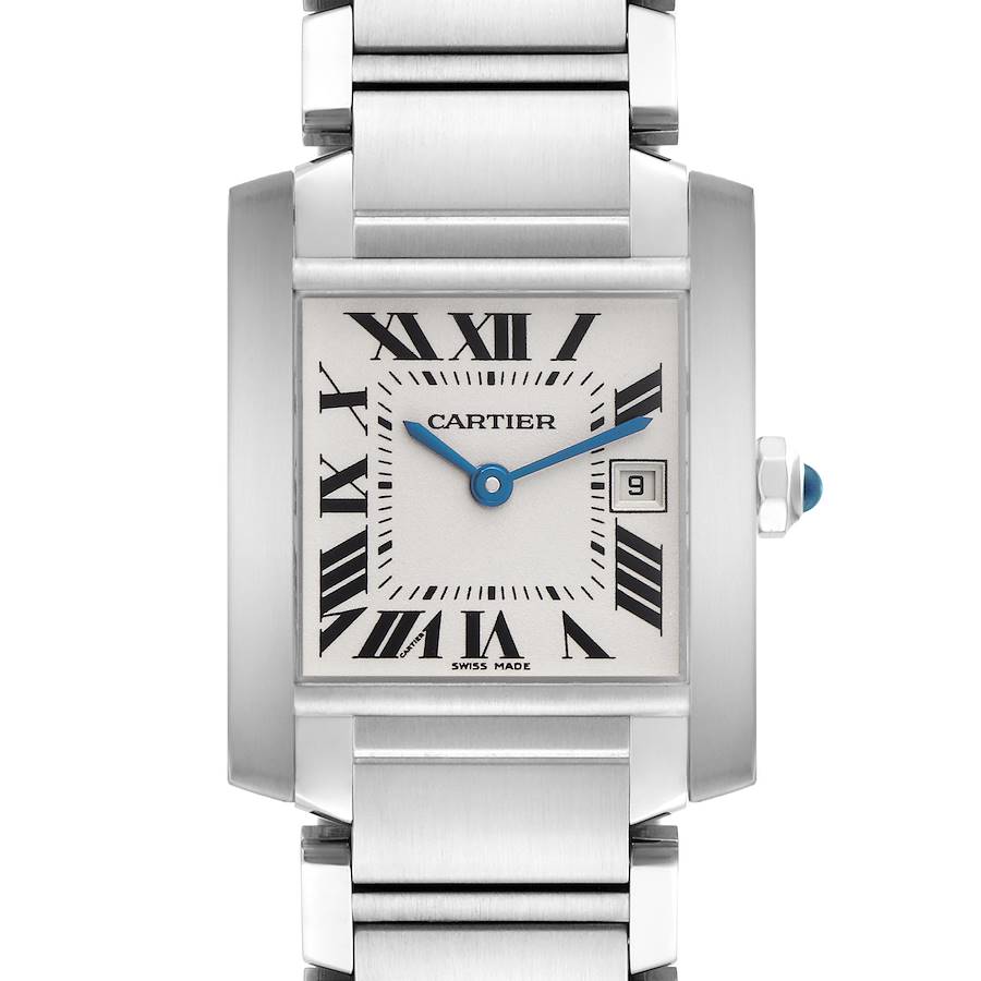 The Cartier Tank Francaise watch is shown from a front angle, highlighting its face, Roman numerals, date window, and metal bracelet.