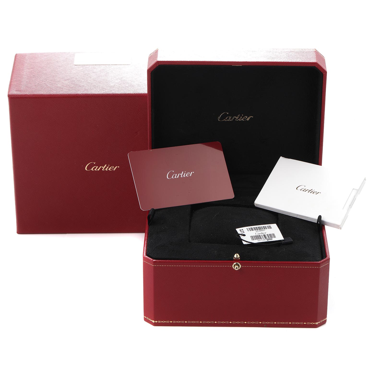 The image shows a Cartier Tank Française watch box and accessories, including a red card and a booklet, viewed from the front.
