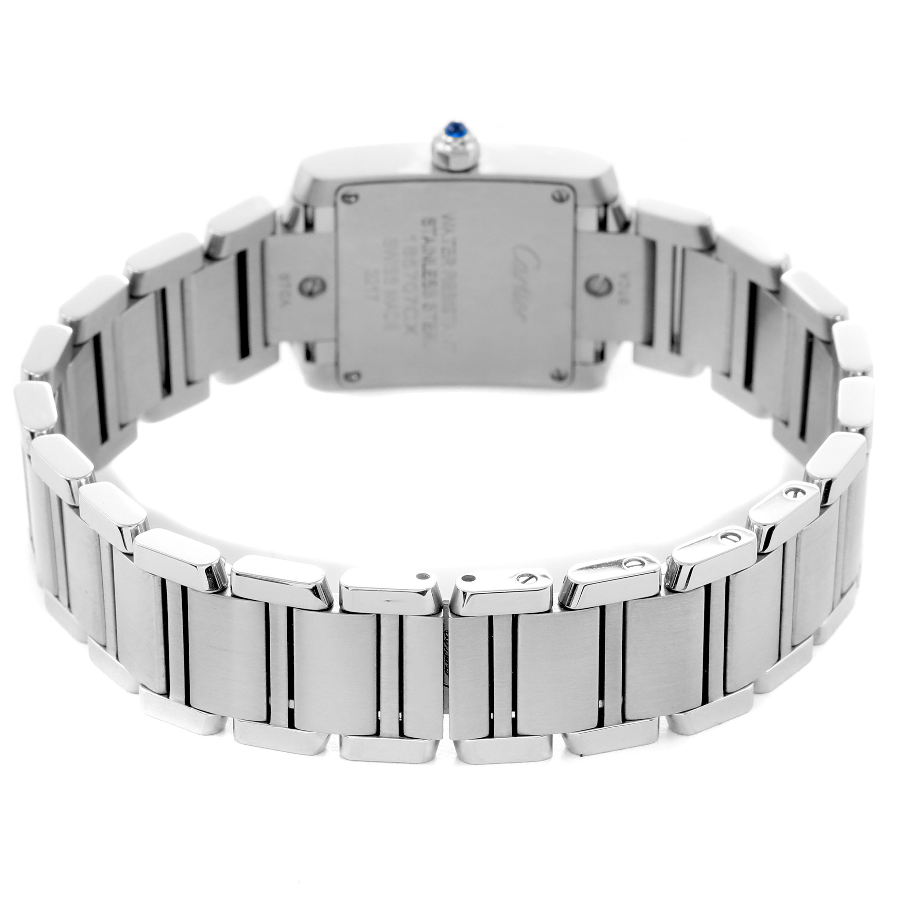 The image shows the back view of the Cartier Tank Française watch, highlighting its bracelet and case back with a visible crown.