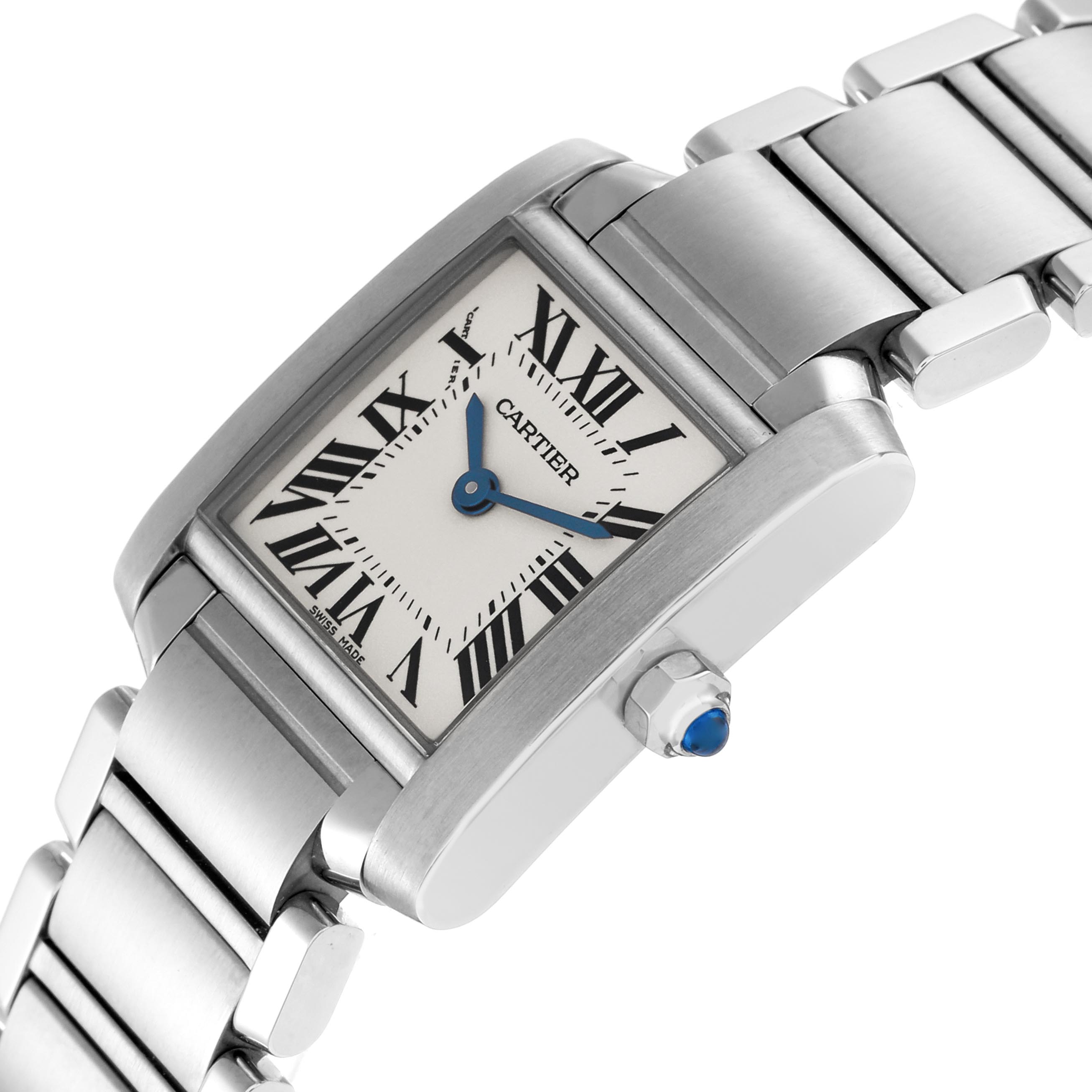 The Cartier Tank Francaise W51008Q3 Women
s Stainless Steel Silver Dial W51008Q3 Women
s Stainless Steel Silver Dial watch is shown at an angle displaying its face, Roman numerals, blue hands, and metal bracelet.