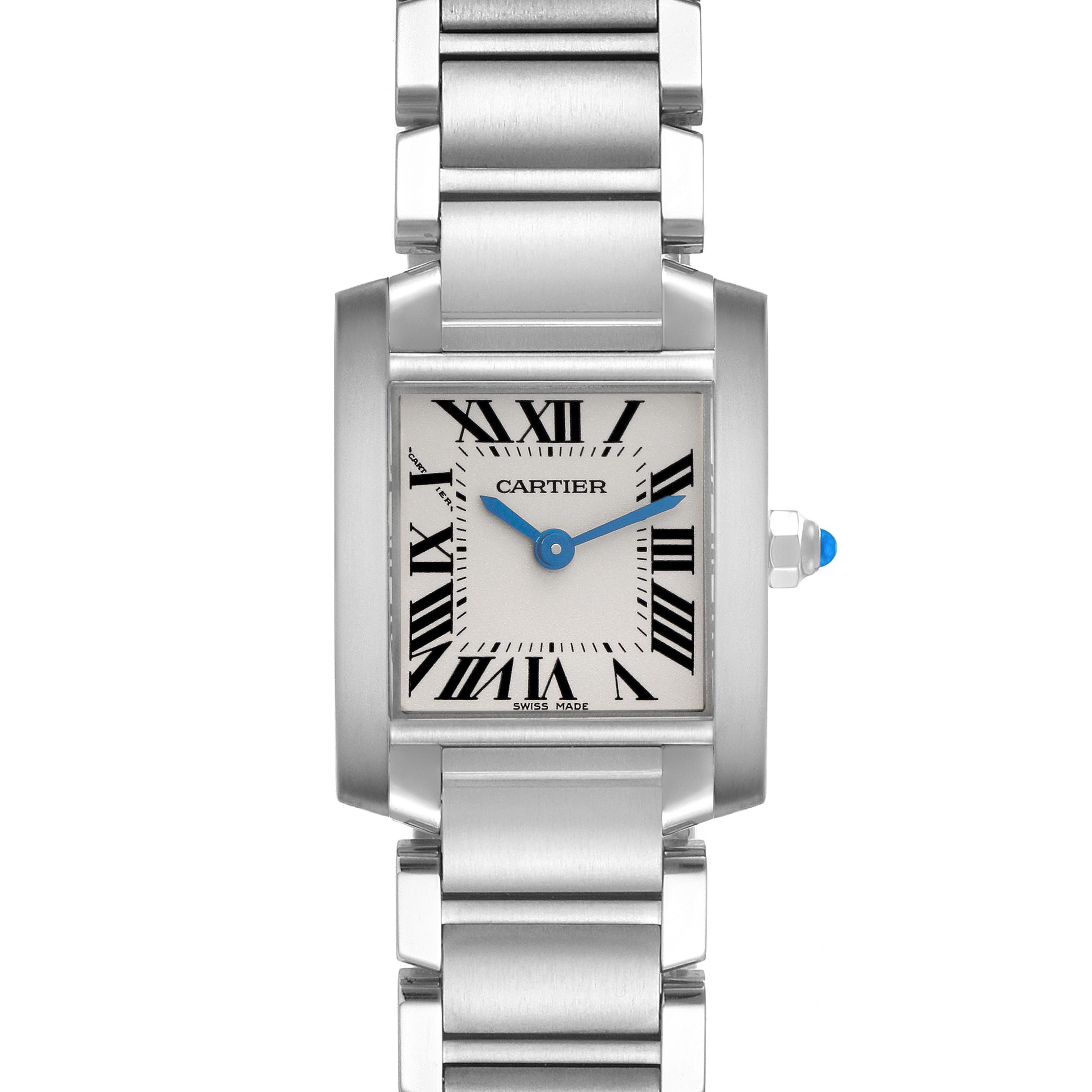 The Cartier Tank Francaise W51008Q3 Women
s Stainless Steel Silver Dial W51008Q3 Women
s Stainless Steel Silver Dial watch is shown from a front angle, highlighting the face, Roman numerals, blue hands, and metal bracelet.