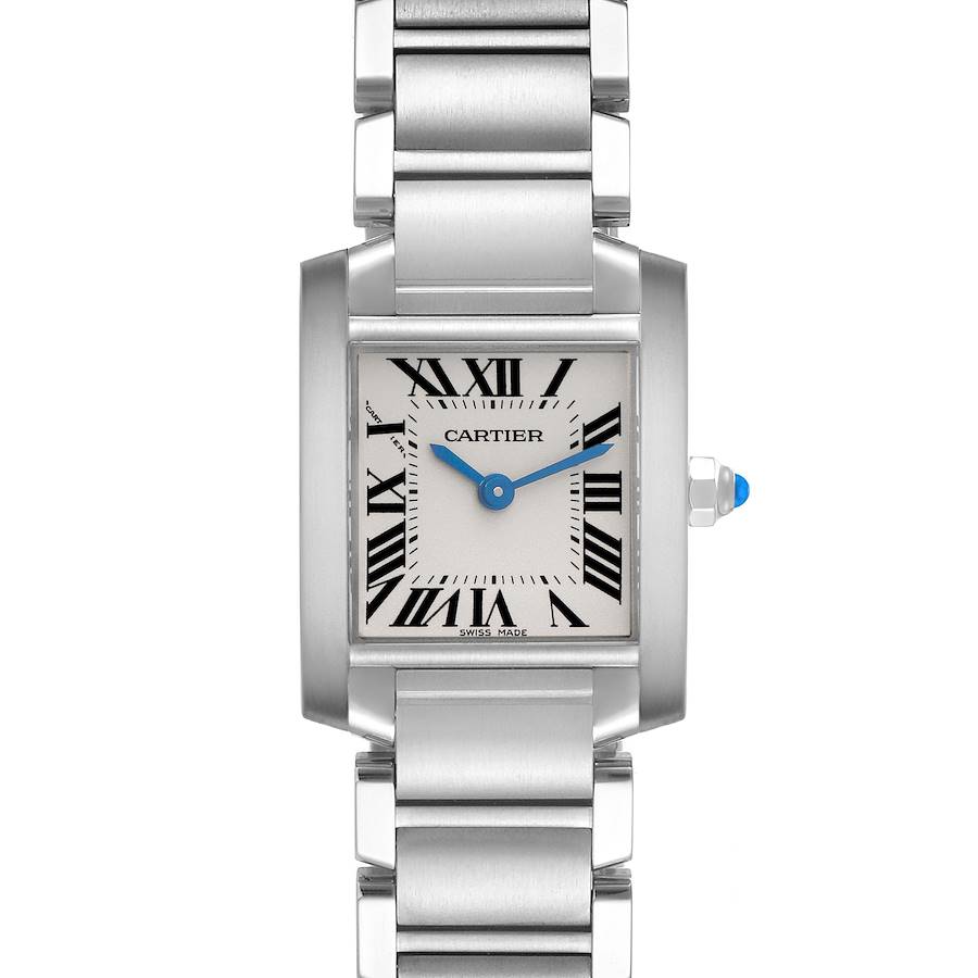The Cartier Tank Francaise watch is shown from a front angle, highlighting the face, Roman numerals, blue hands, and metal bracelet.