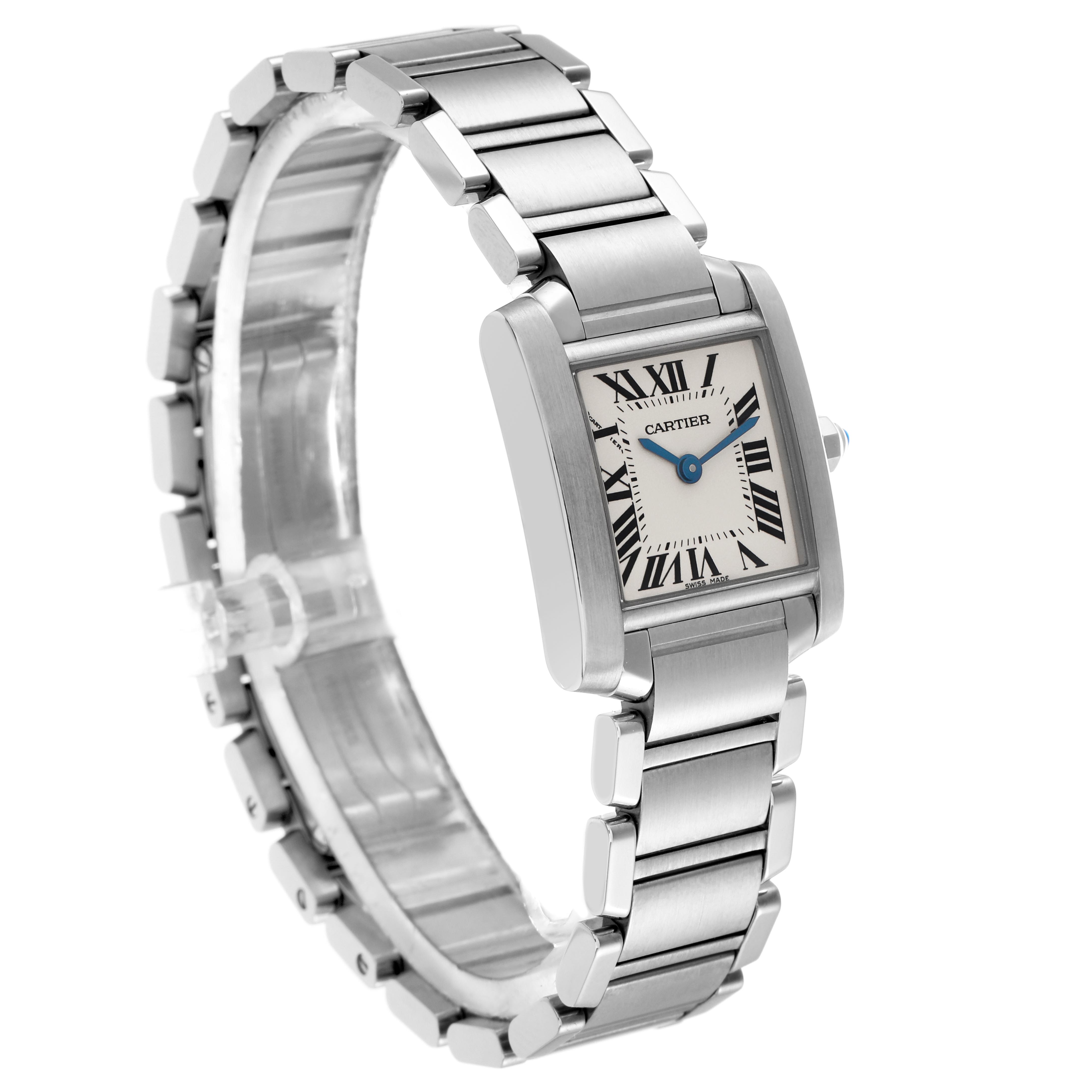 The Cartier Tank Francaise W51008Q3 Women
s Stainless Steel Silver Dial W51008Q3 Women
s Stainless Steel Silver Dial watch is shown at a three-quarter angle, displaying the face, Roman numerals, and metal bracelet.