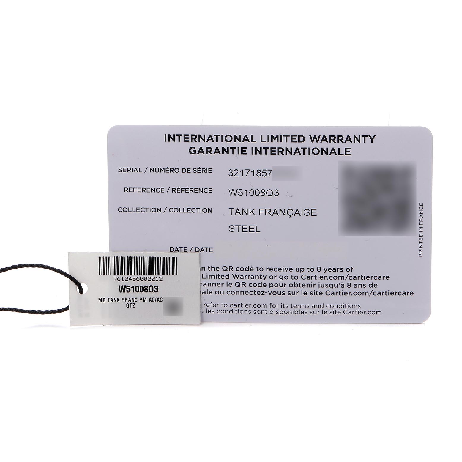 The image shows an international warranty card and tag for a Cartier Tank Française watch.