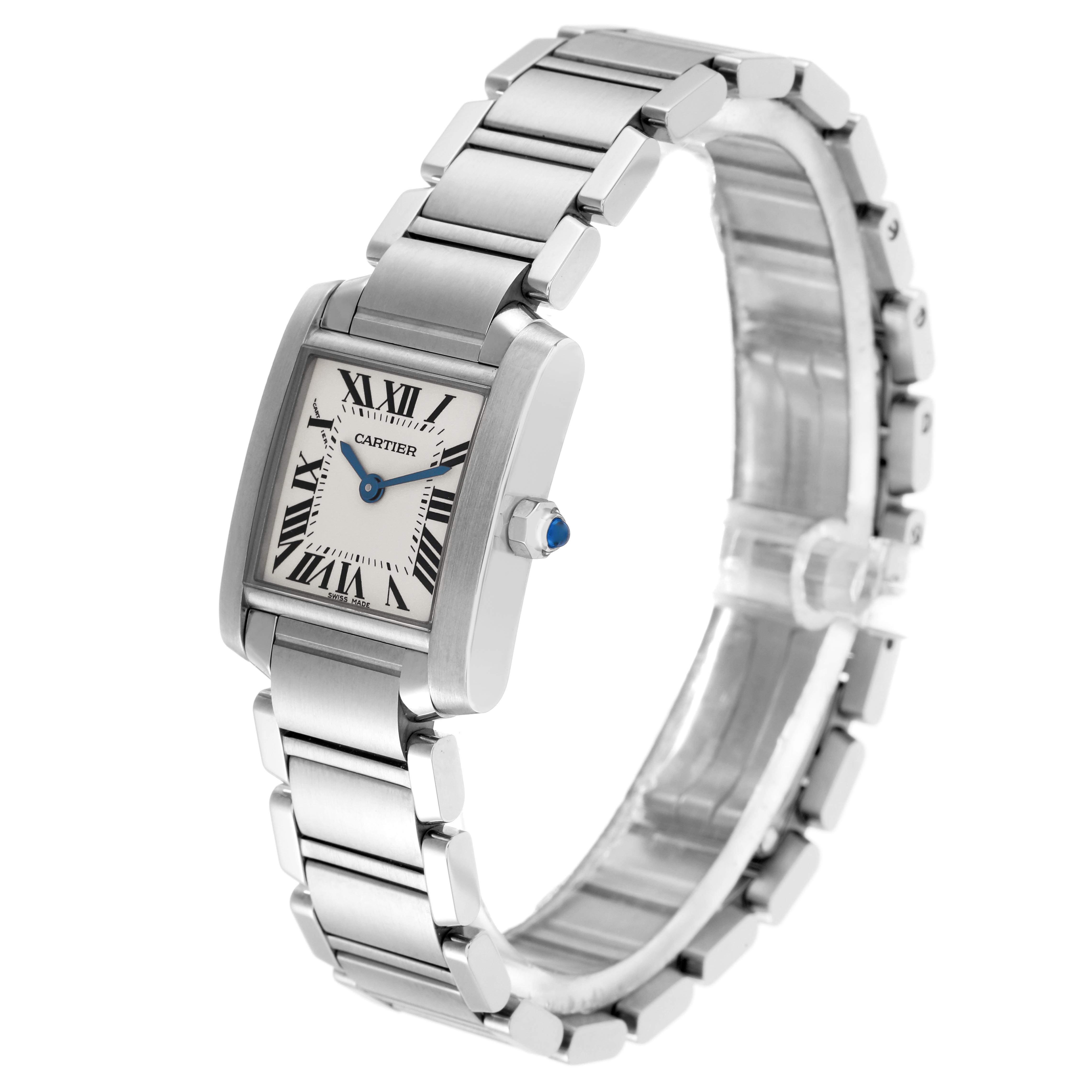 The Cartier Tank Francaise W51008Q3 Women
s Stainless Steel Silver Dial W51008Q3 Women
s Stainless Steel Silver Dial watch is shown at a three-quarter angle, highlighting the face, bracelet, and crown.