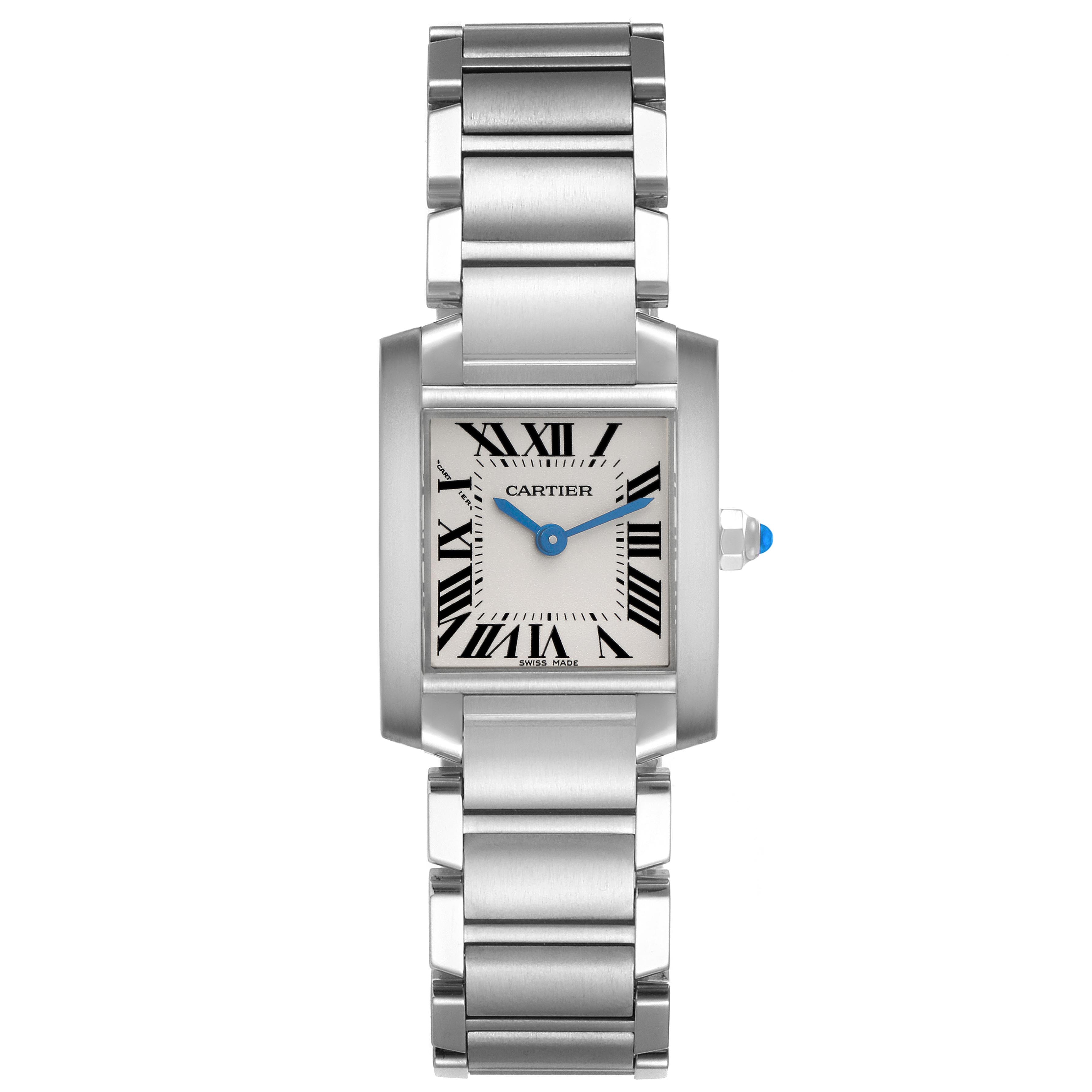 The Cartier Tank Française watch is shown from a top view, displaying its square face, Roman numerals, and metal bracelet.