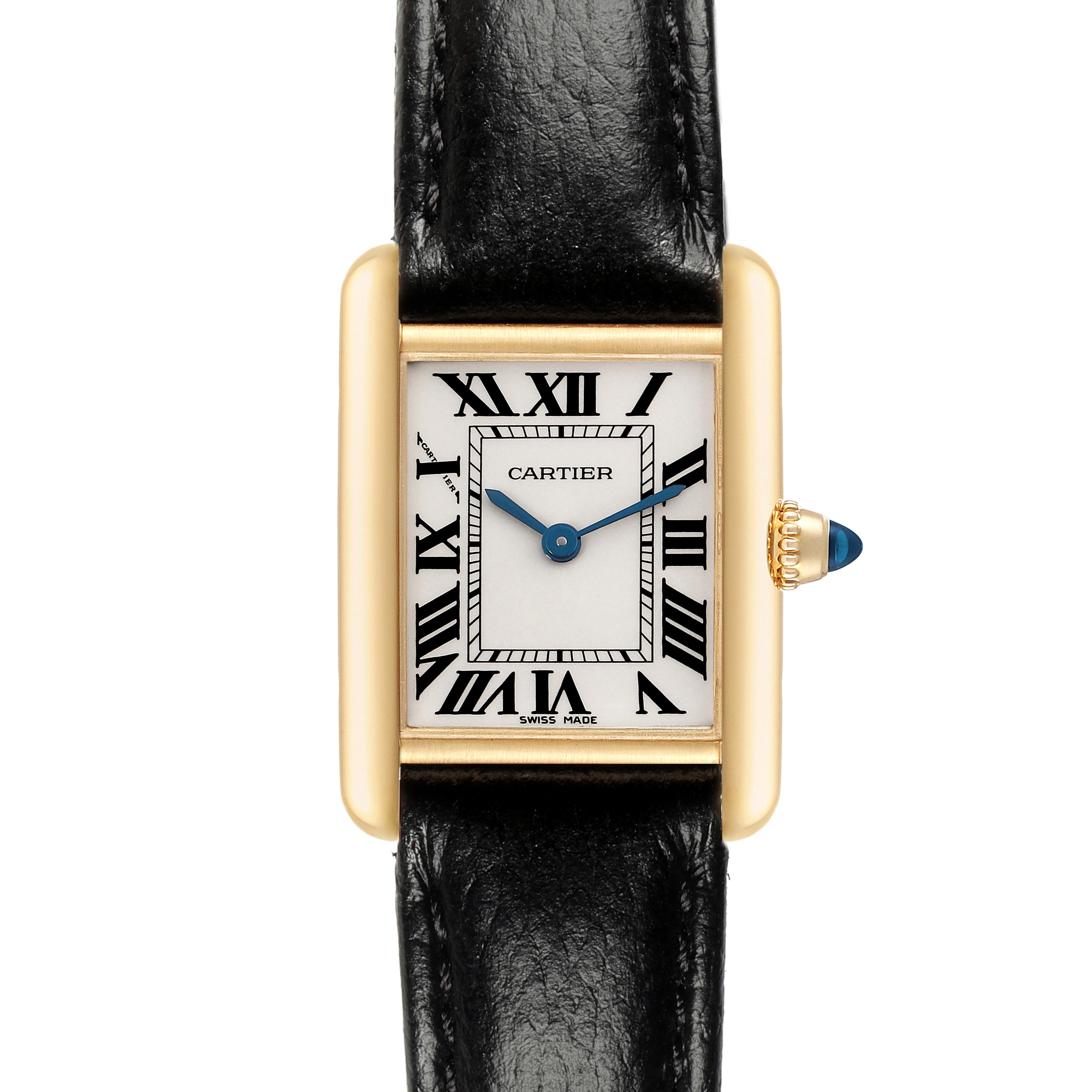 The Cartier Tank Louis W1529856 Women
s Yellow Gold White Dial W1529856 Women
s Yellow Gold White Dial watch is shown from the front, featuring its rectangular dial, Roman numerals, and leather strap.
