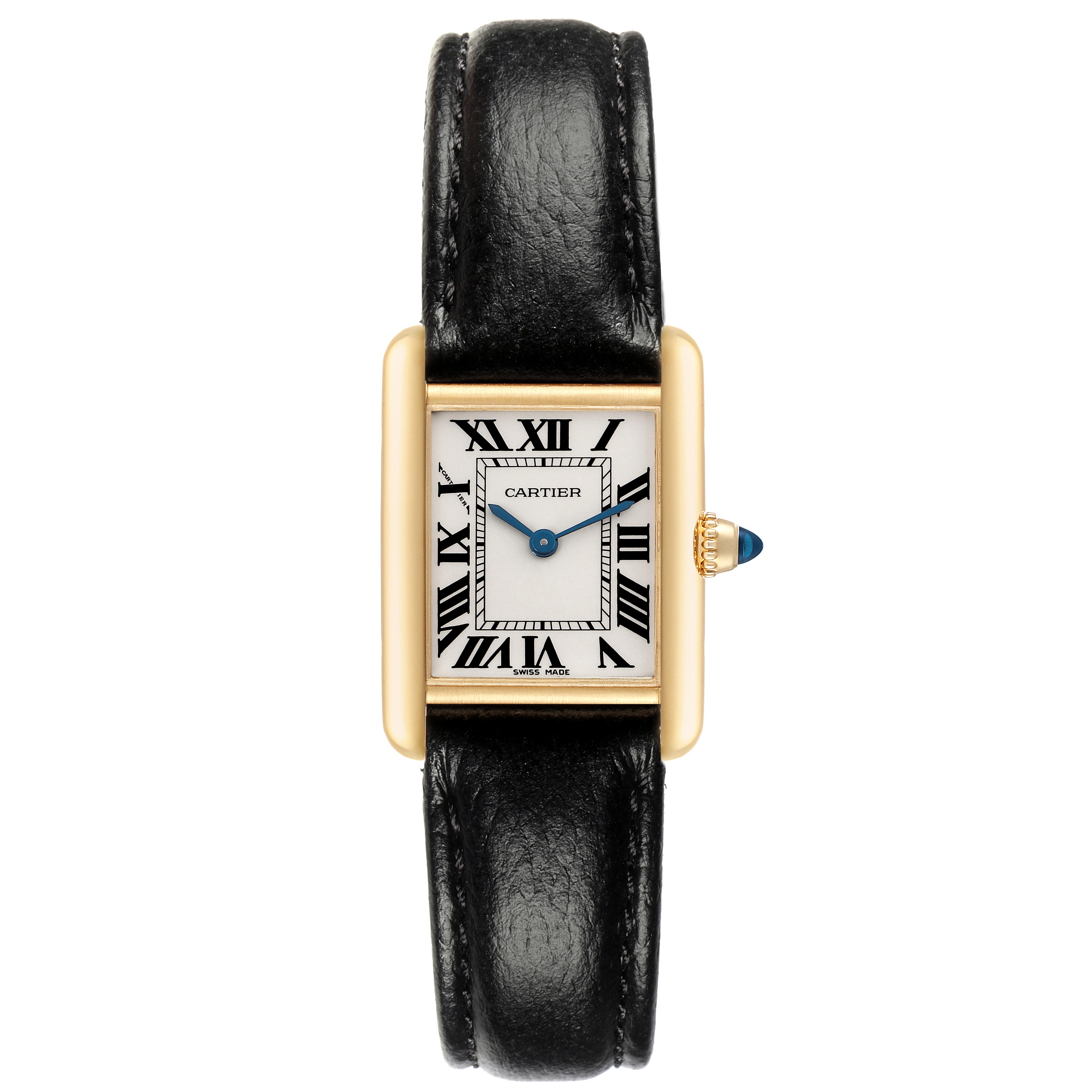 The Cartier Tank Louis W1529856 Women
s Yellow Gold White Dial W1529856 Women
s Yellow Gold White Dial watch is shown from a top-down angle, highlighting its rectangular face, leather strap, and crown detail.