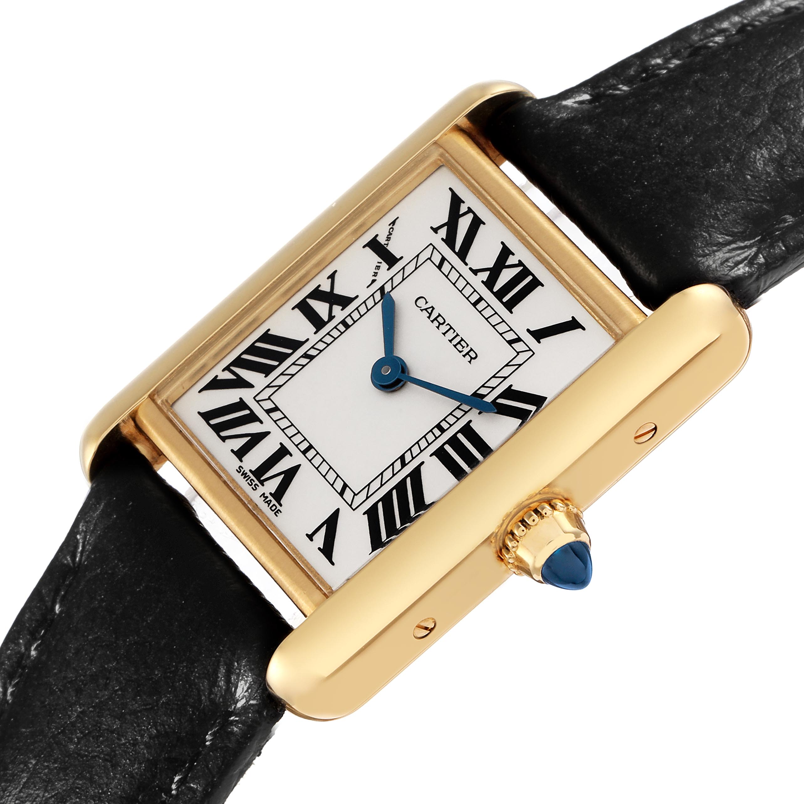 The Cartier Tank Louis W1529856 Women
s Yellow Gold White Dial W1529856 Women
s Yellow Gold White Dial watch is shown at an angled view, highlighting its rectangular face, Roman numerals, and crown with a blue cabochon.