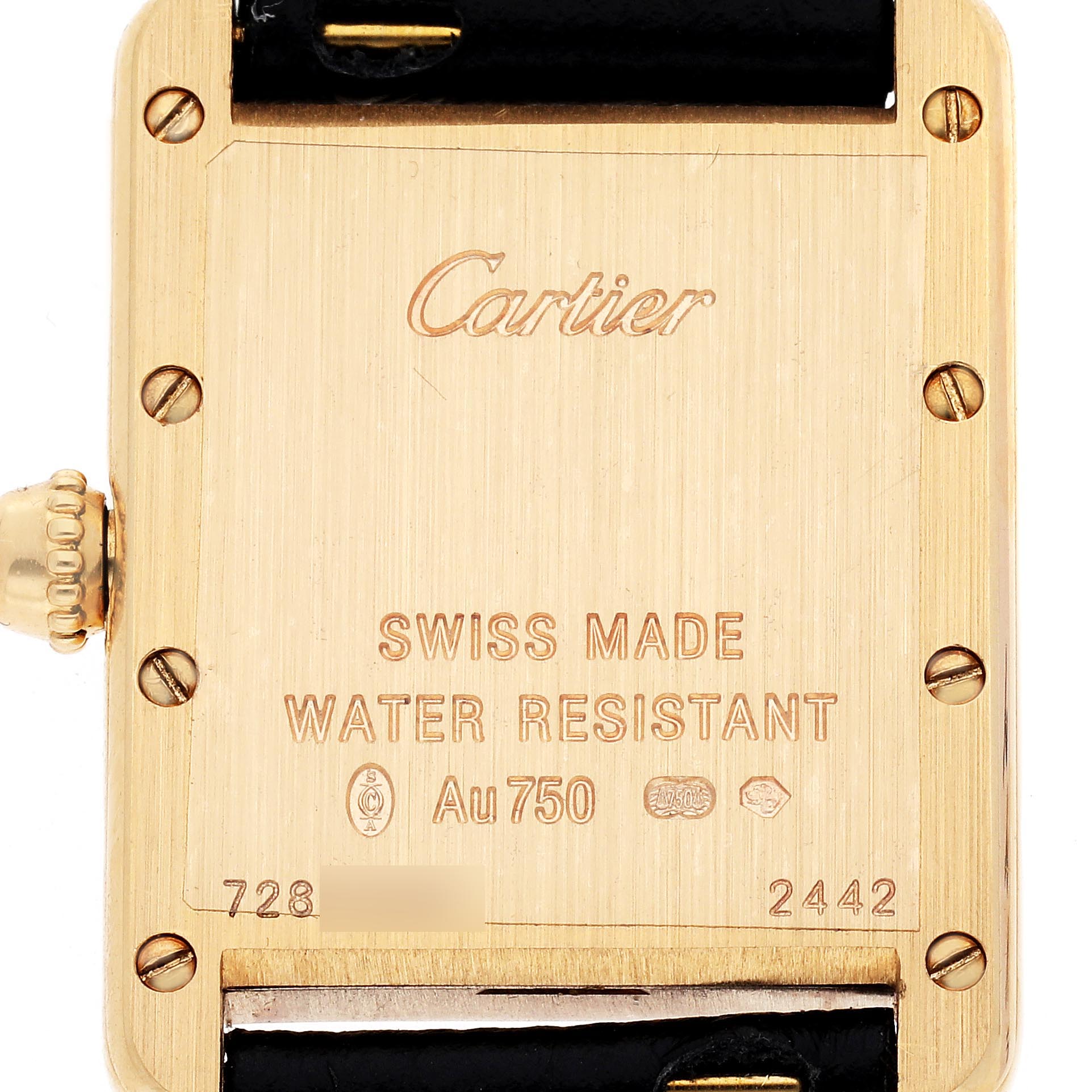 The image shows the back of the Cartier Tank Louis W1529856 Women
s Yellow Gold White Dial W1529856 Women
s Yellow Gold White Dial watch, displaying its engravings and crown from a rear angle.