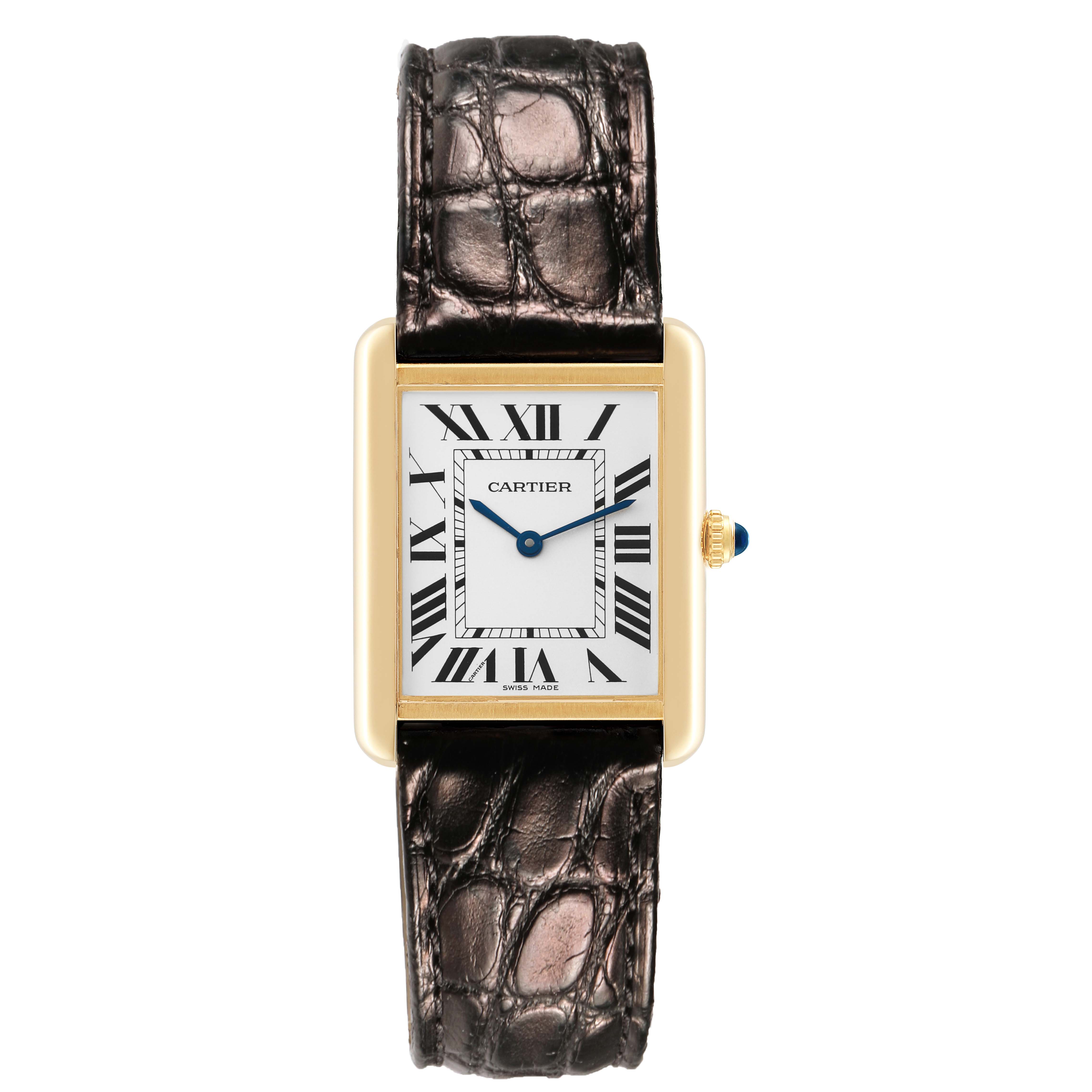 The Cartier Tank Solo W5200025 Mens Rose Gold Silver Dial watch is shown from a front view, highlighting its face, case, and alligator strap.