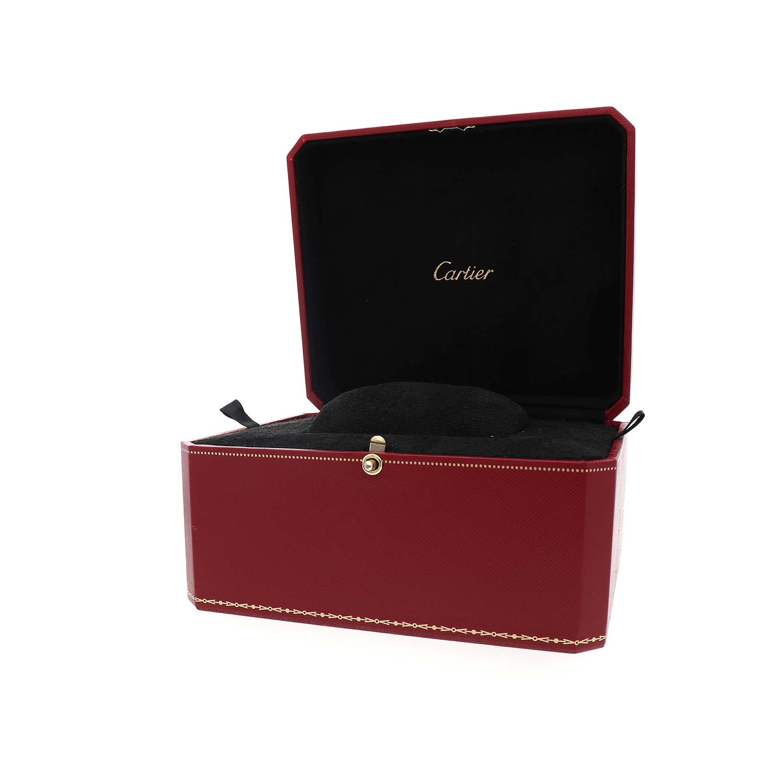 The image shows a red Cartier watch box, open, with no Tank Solo watch visible.