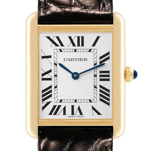The Cartier Tank Solo W5200025 Mens Rose Gold Silver Dial watch is shown from the front, highlighting its rectangular face, gold case, Roman numerals, and leather strap.