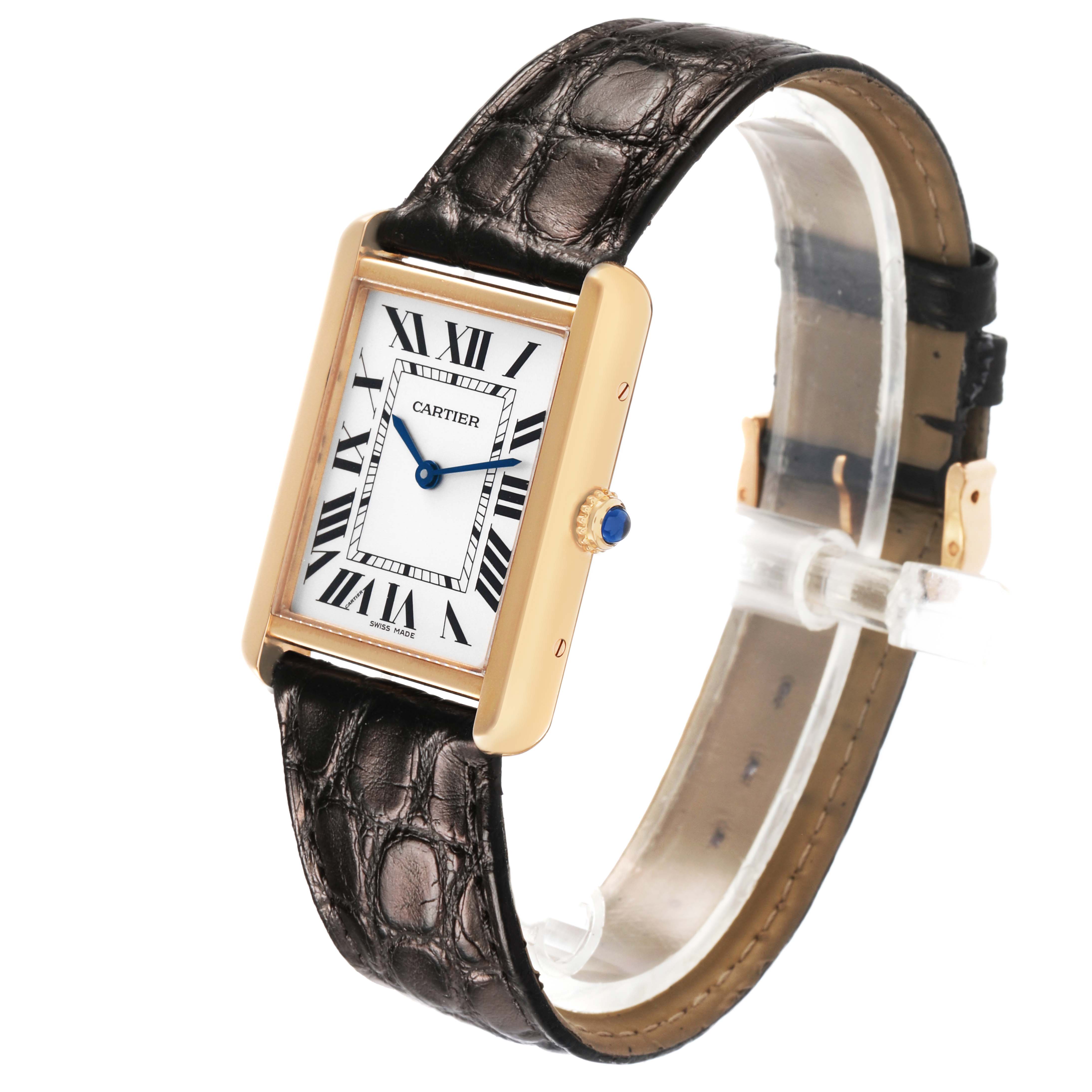 The Cartier Tank Solo W5200025 Mens Rose Gold Silver Dial watch is shown at a side angle, displaying the face, crown, and strap.