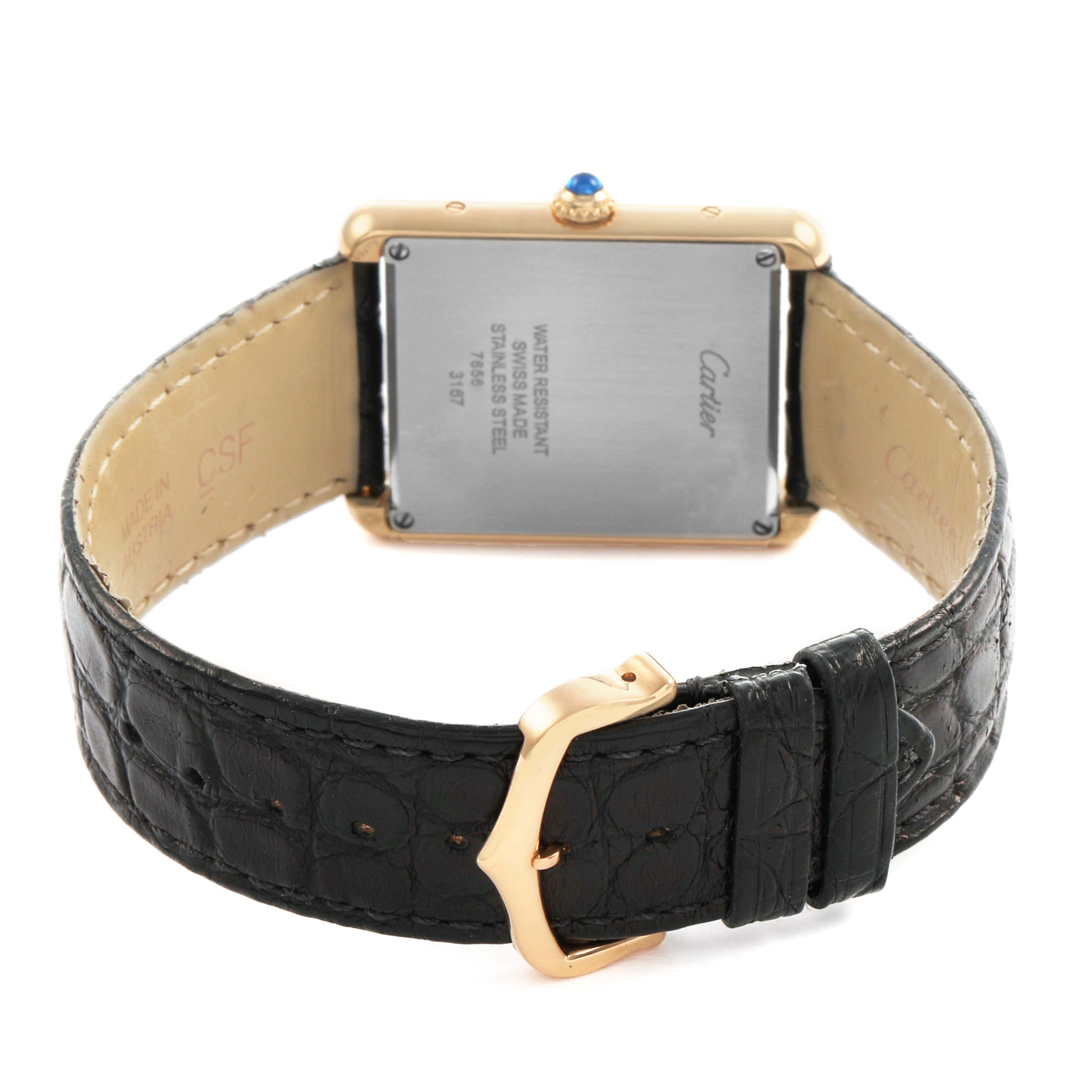 The image shows the back of a Cartier Tank Solo W5200025 Mens Rose Gold Silver Dial watch, highlighting the case, leather strap, and buckle.