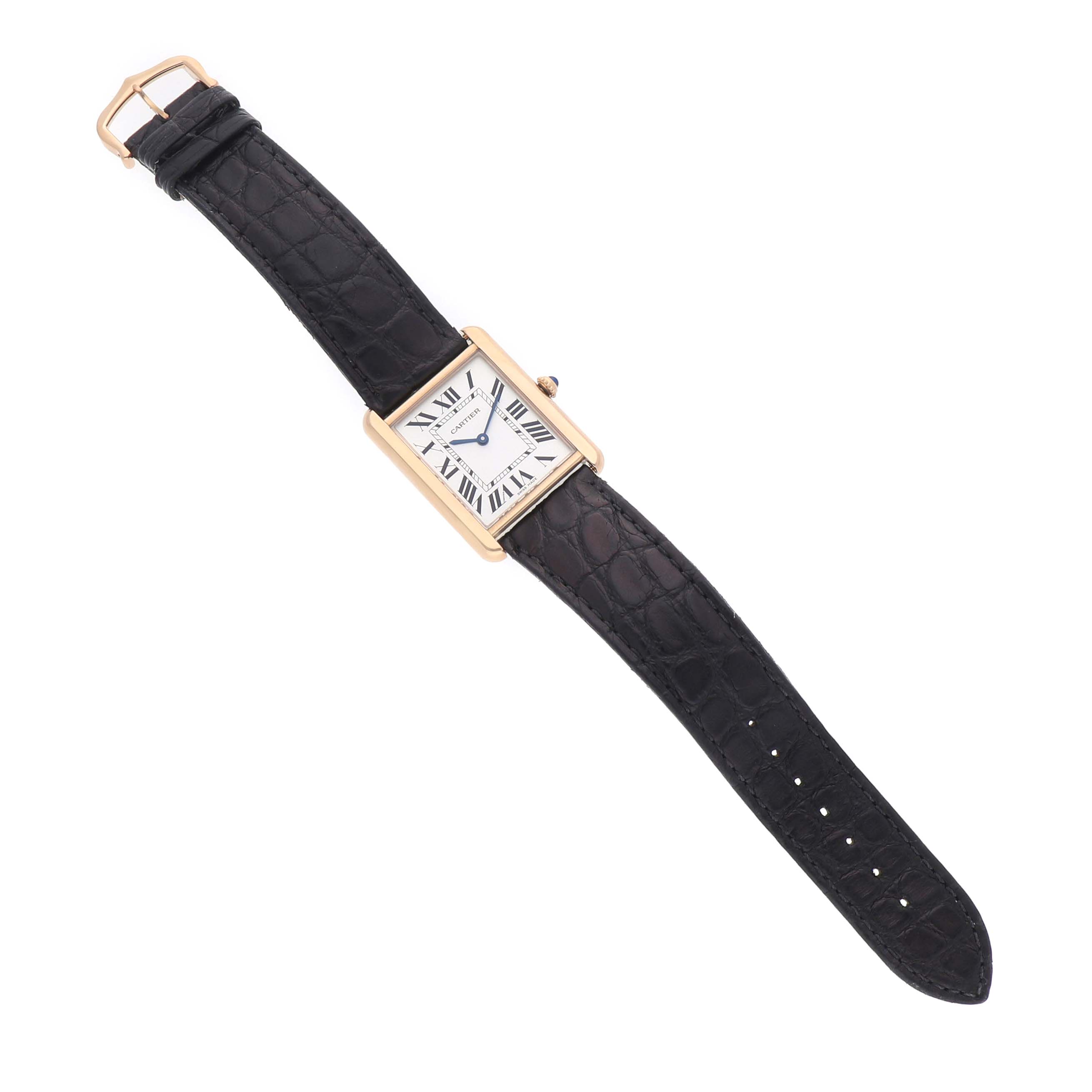 The Cartier Tank Solo W5200025 Mens Rose Gold Silver Dial watch is shown from a top-down angle, displaying its rectangular face and black leather strap.