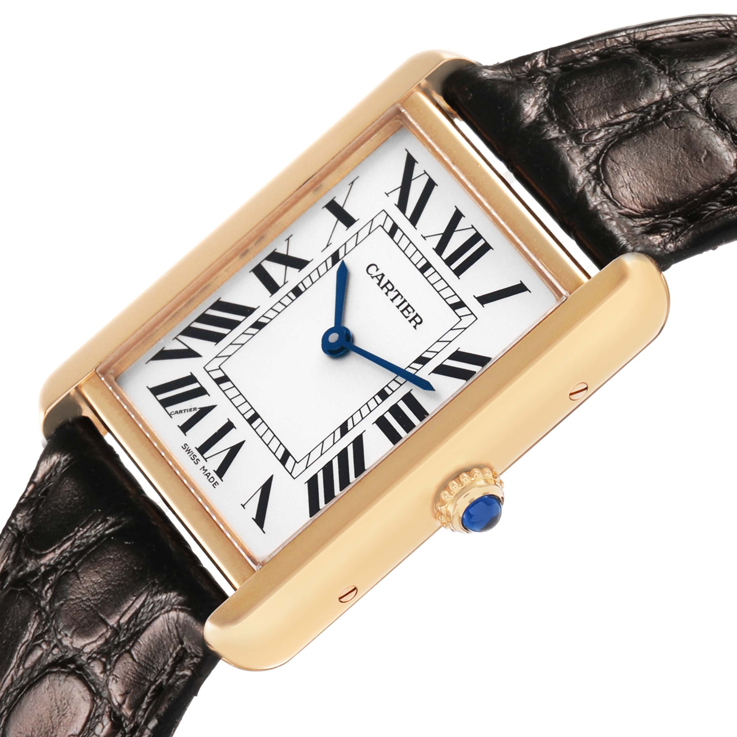 The image shows a Cartier Tank Solo W5200025 Mens Rose Gold Silver Dial watch angled to highlight the roman numeral face, blue hands, rectangular case, crown, and leather strap.