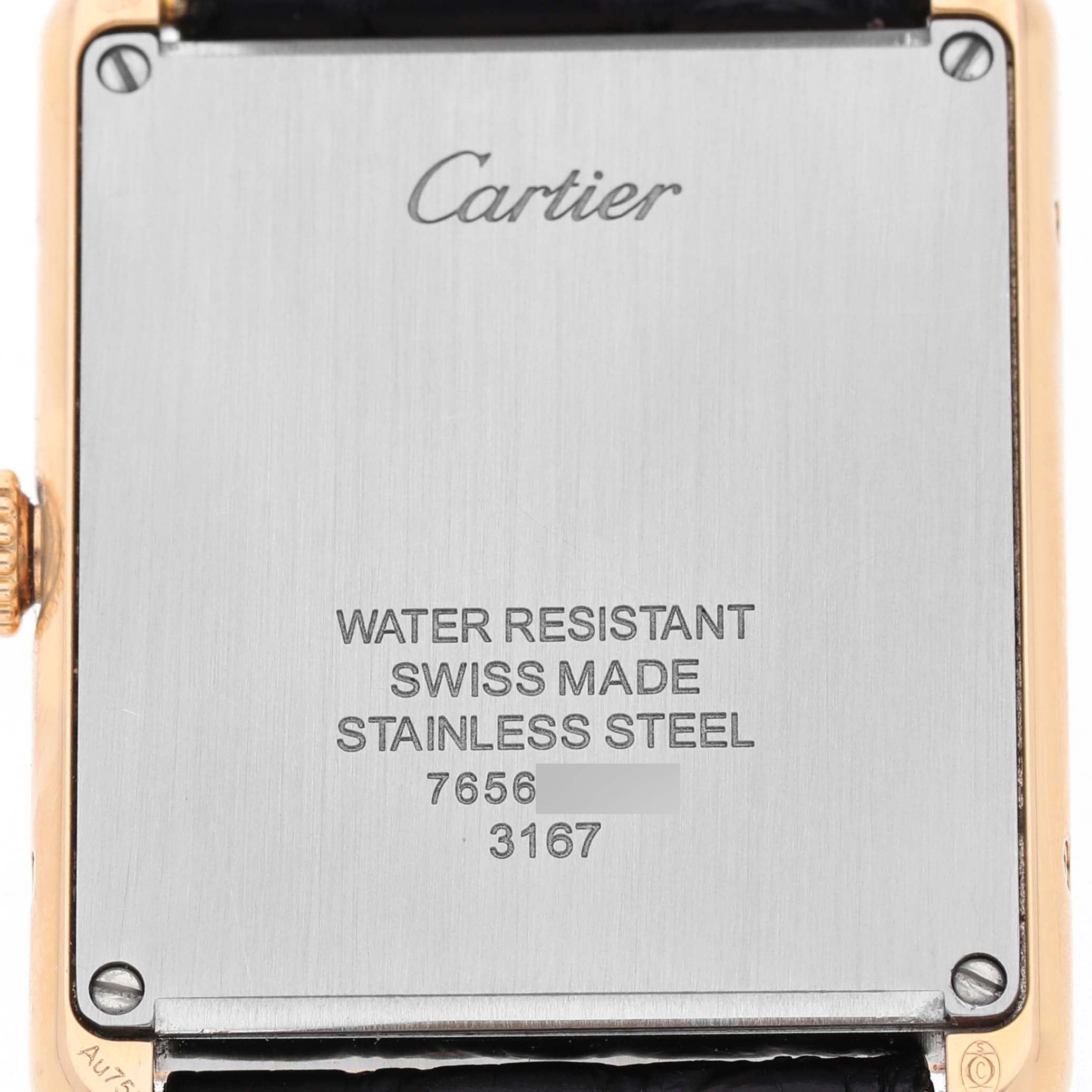 The image shows the back of a Cartier Tank Solo W5200025 Mens Rose Gold Silver Dial watch, displaying its branding and specifications.