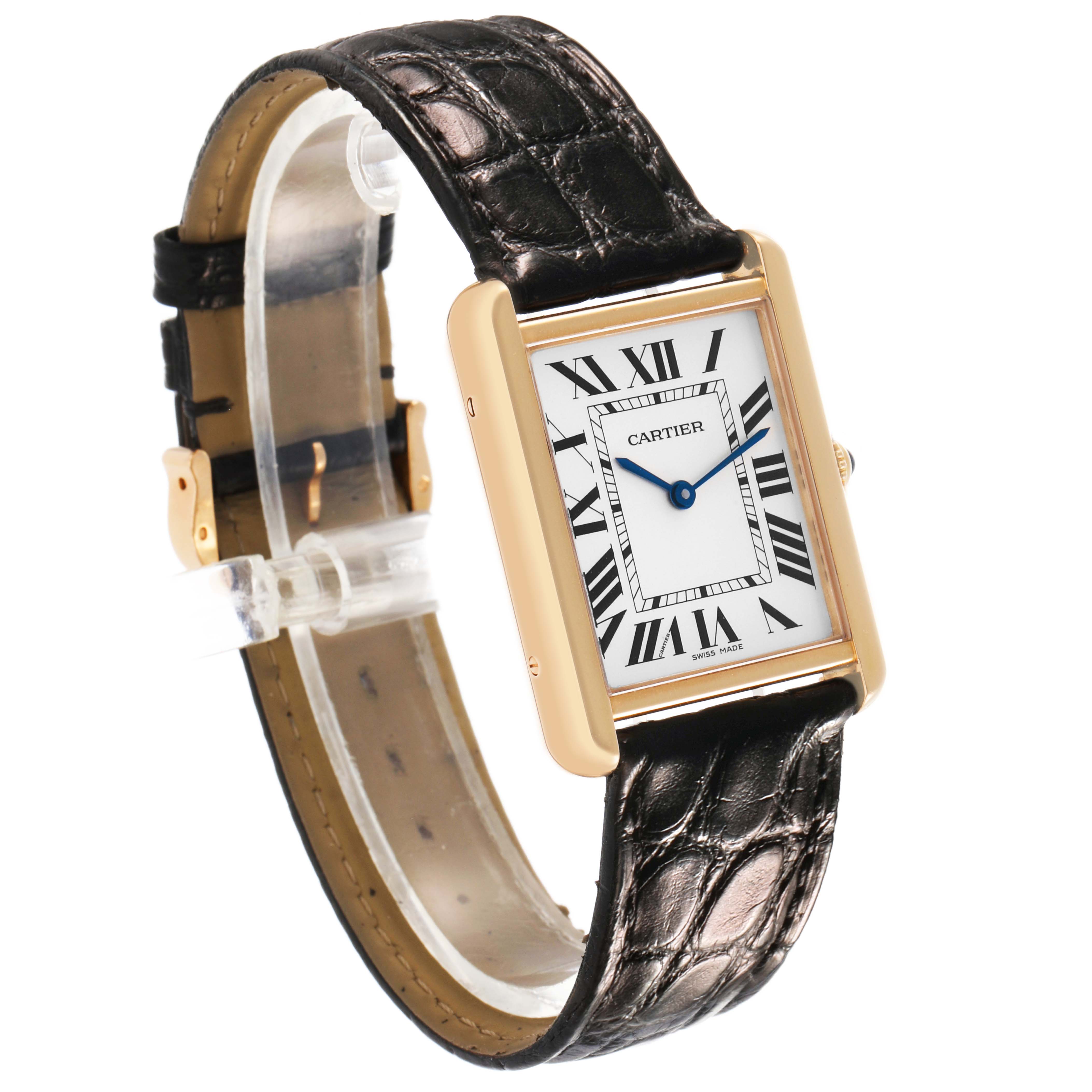 The Cartier Tank Solo W5200025 Mens Rose Gold Silver Dial watch is shown at a three-quarter angle, displaying its rectangular face, Roman numeral dial, and leather strap.