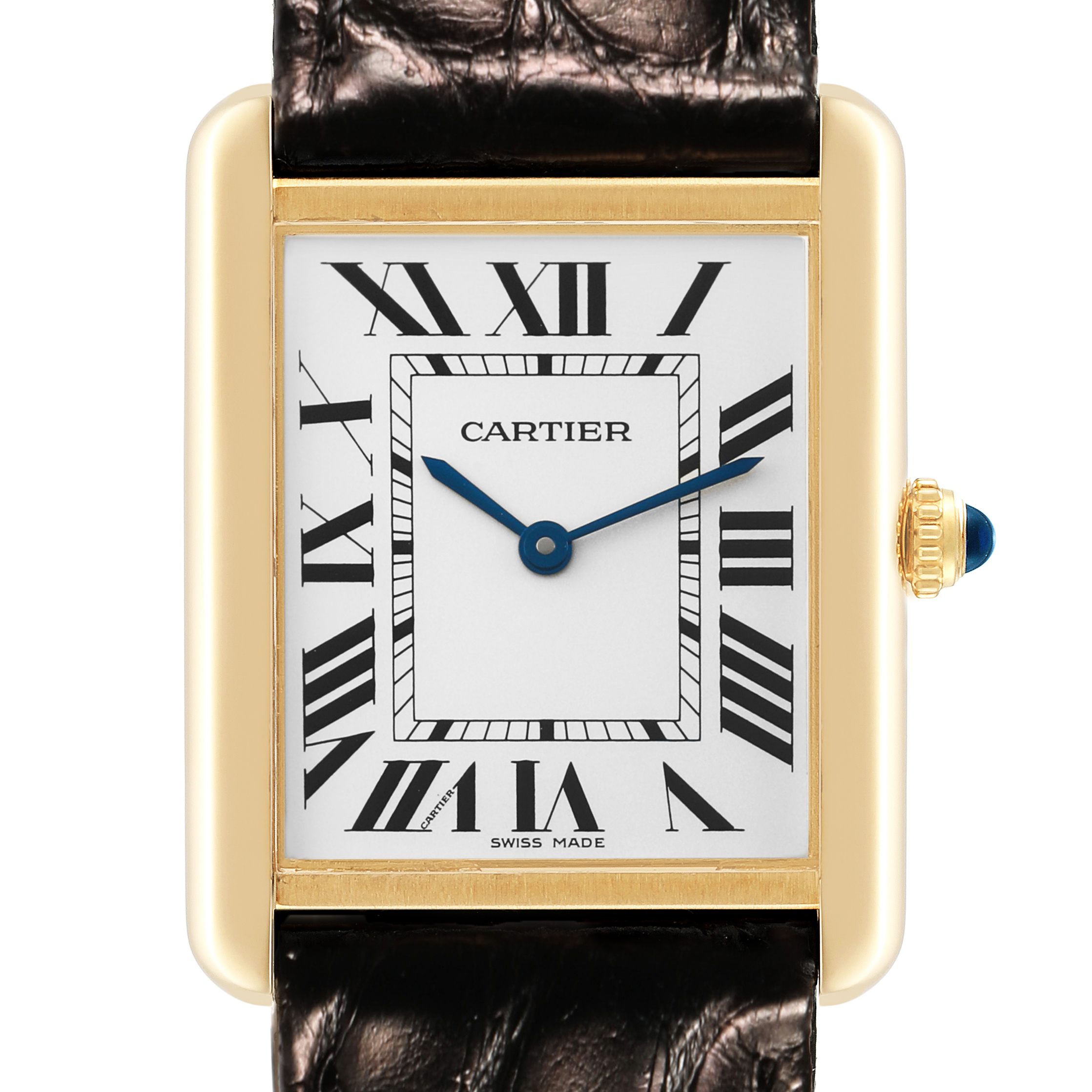 The Cartier Tank Solo W5200025 Mens Rose Gold Silver Dial watch is shown from a front angle, highlighting its rectangular face, Roman numerals, and gold bezel.