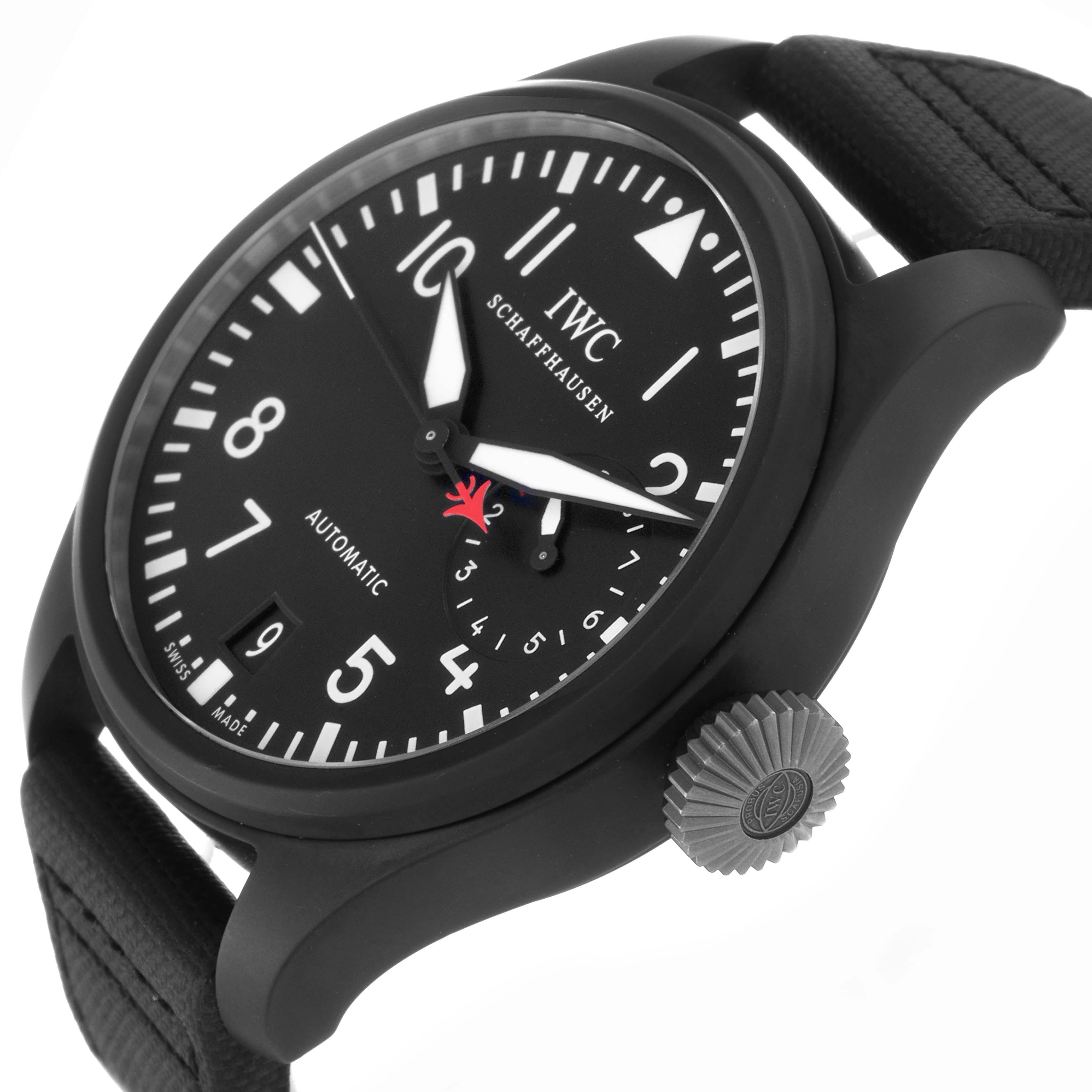 The IWC Pilot IW501901 Men
s Ceramic Black Dial IW501901 Men
s Ceramic Black Dial model watch is shown at a three-quarter angle, highlighting the dial, crystal, case, strap, and crown.