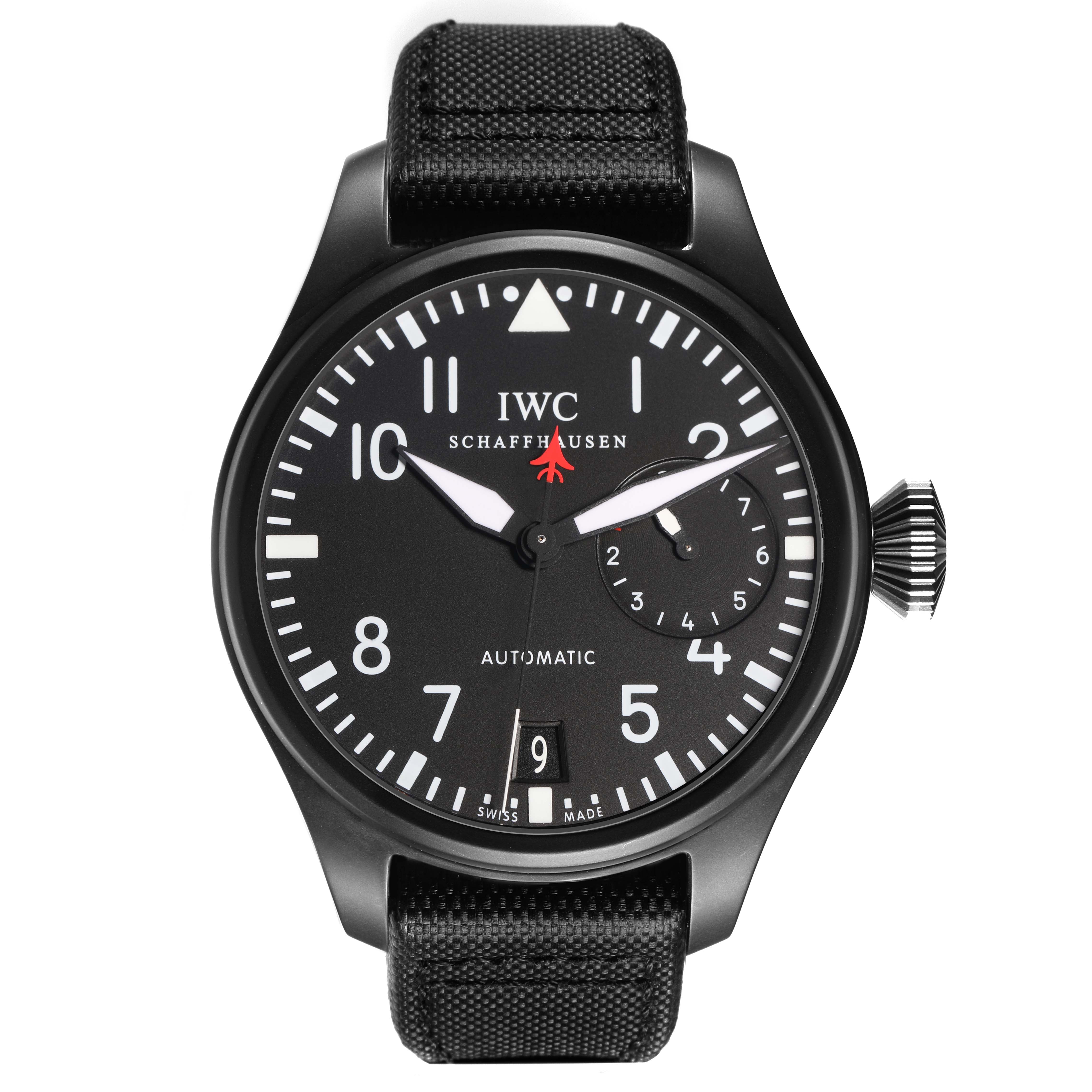The IWC Pilot IW501901 Men
s Ceramic Black Dial IW501901 Men
s Ceramic Black Dial watch is shown from a front angle, displaying the face, strap, crown, and dial.
