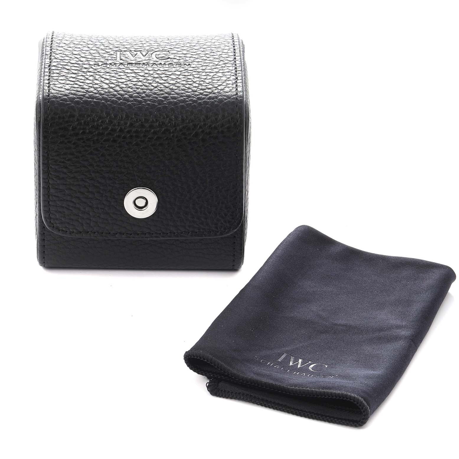The image shows a front view of a black leather case and cloth for an IWC Pilot IW501901 Men
s Ceramic Black Dial IW501901 Men
s Ceramic Black Dial watch.
