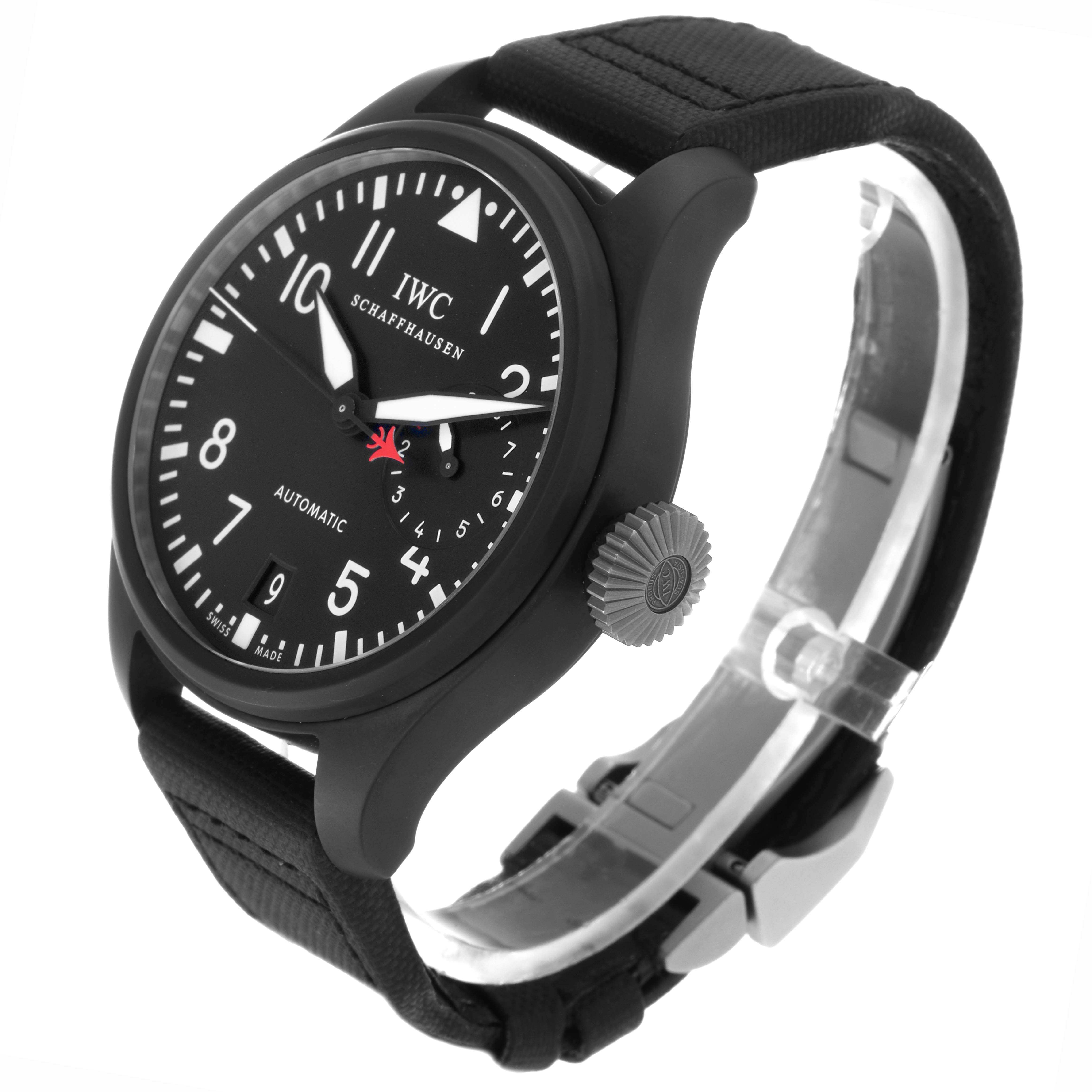 The IWC Pilot IW501901 Men
s Ceramic Black Dial IW501901 Men
s Ceramic Black Dial watch is shown at a three-quarter angle, highlighting the face, crown, and strap.