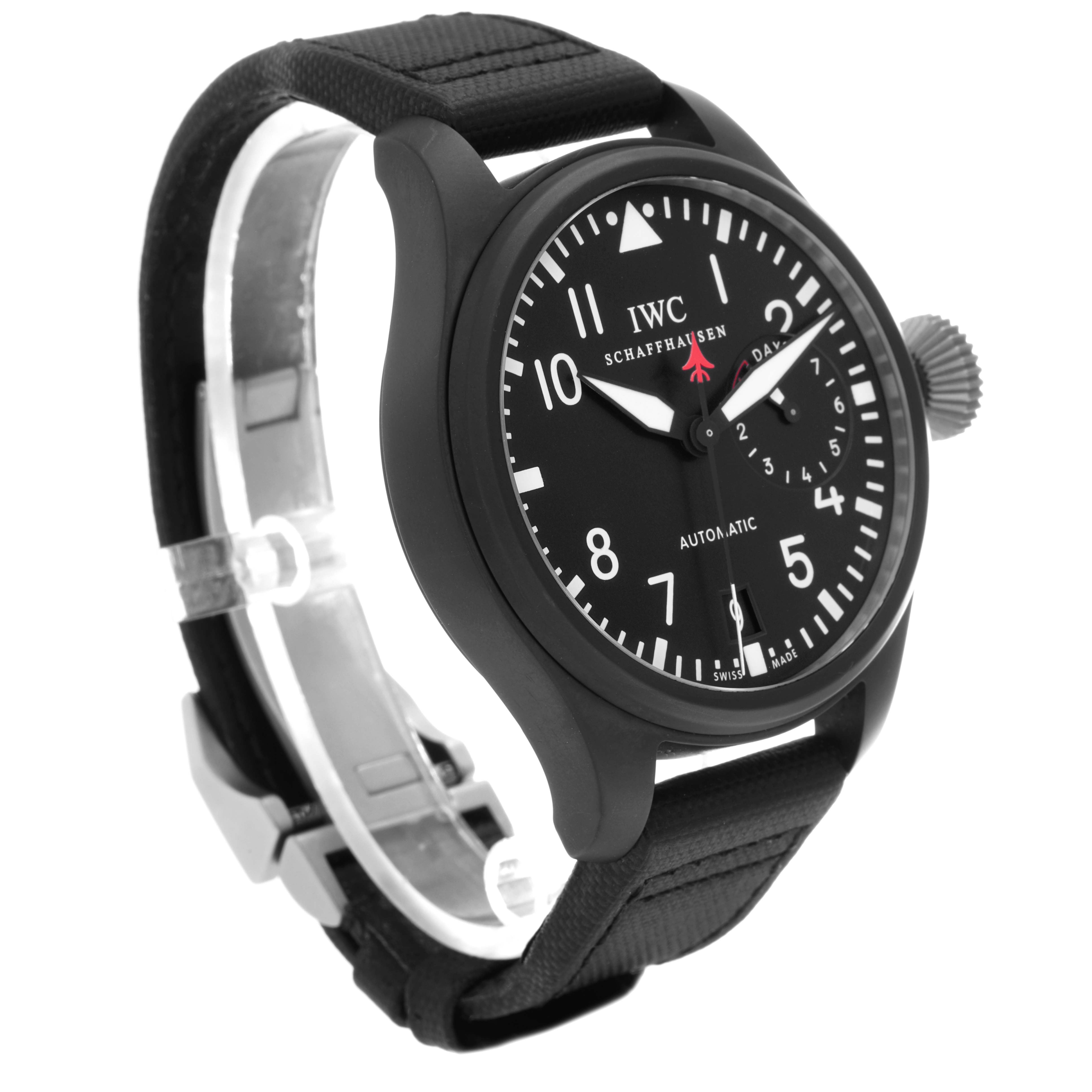 The IWC Pilot IW501901 Men
s Ceramic Black Dial IW501901 Men
s Ceramic Black Dial watch is shown from a front-side angle, highlighting the dial, crown, strap, and buckle.