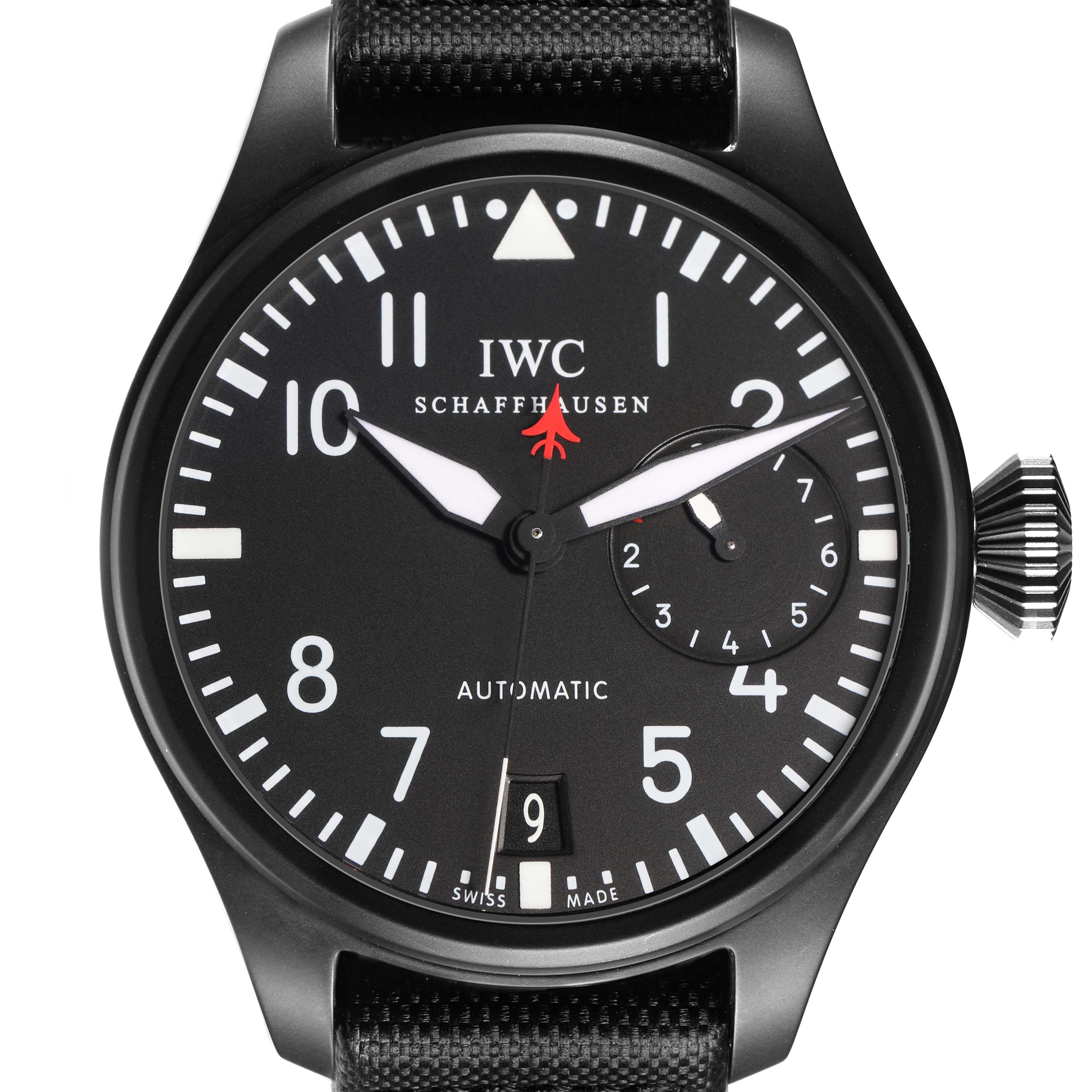 The IWC Pilot IW501901 Men
s Ceramic Black Dial IW501901 Men
s Ceramic Black Dial watch is shown from the front, displaying its dial, numerals, hands, and crown clearly.