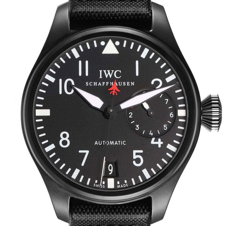The IWC Pilot watch is shown from the front, displaying its dial, numerals, hands, and crown clearly.