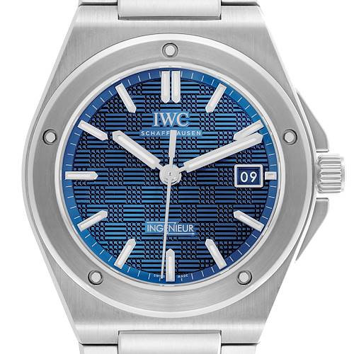 The IWC Ingenieur watch is shown from a front angle, highlighting the dial, markers, and case.