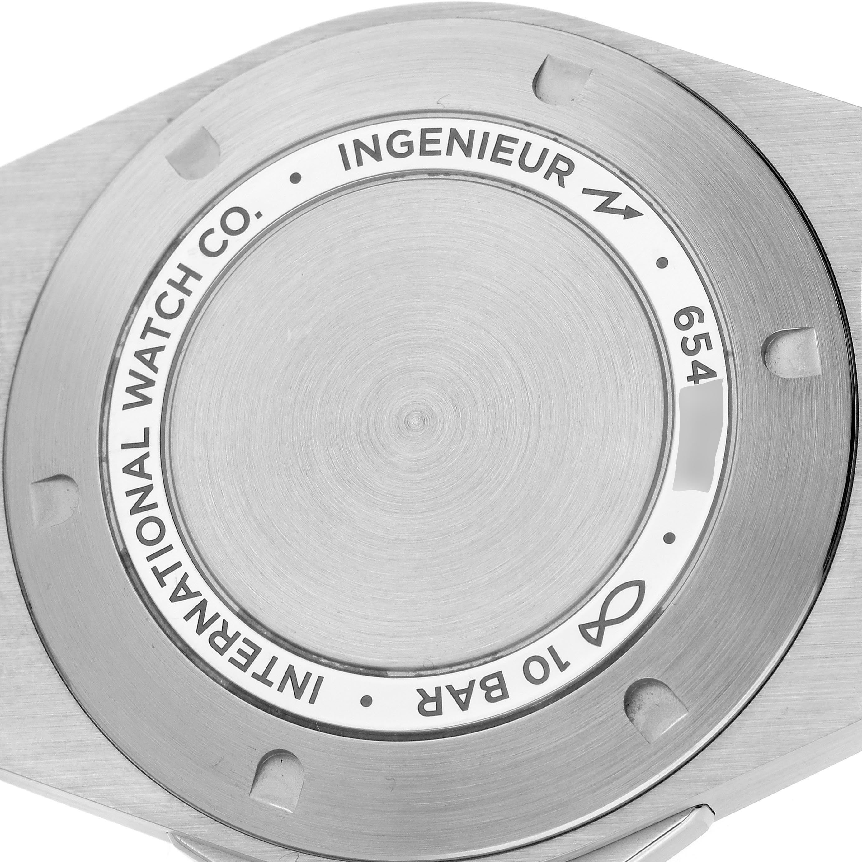 The image shows the back case of the IWC Ingenieur IW328907 Men
s Stainless Steel Blue Dial IW328907 Men
s Stainless Steel Blue Dial watch, highlighting the branding and water resistance.