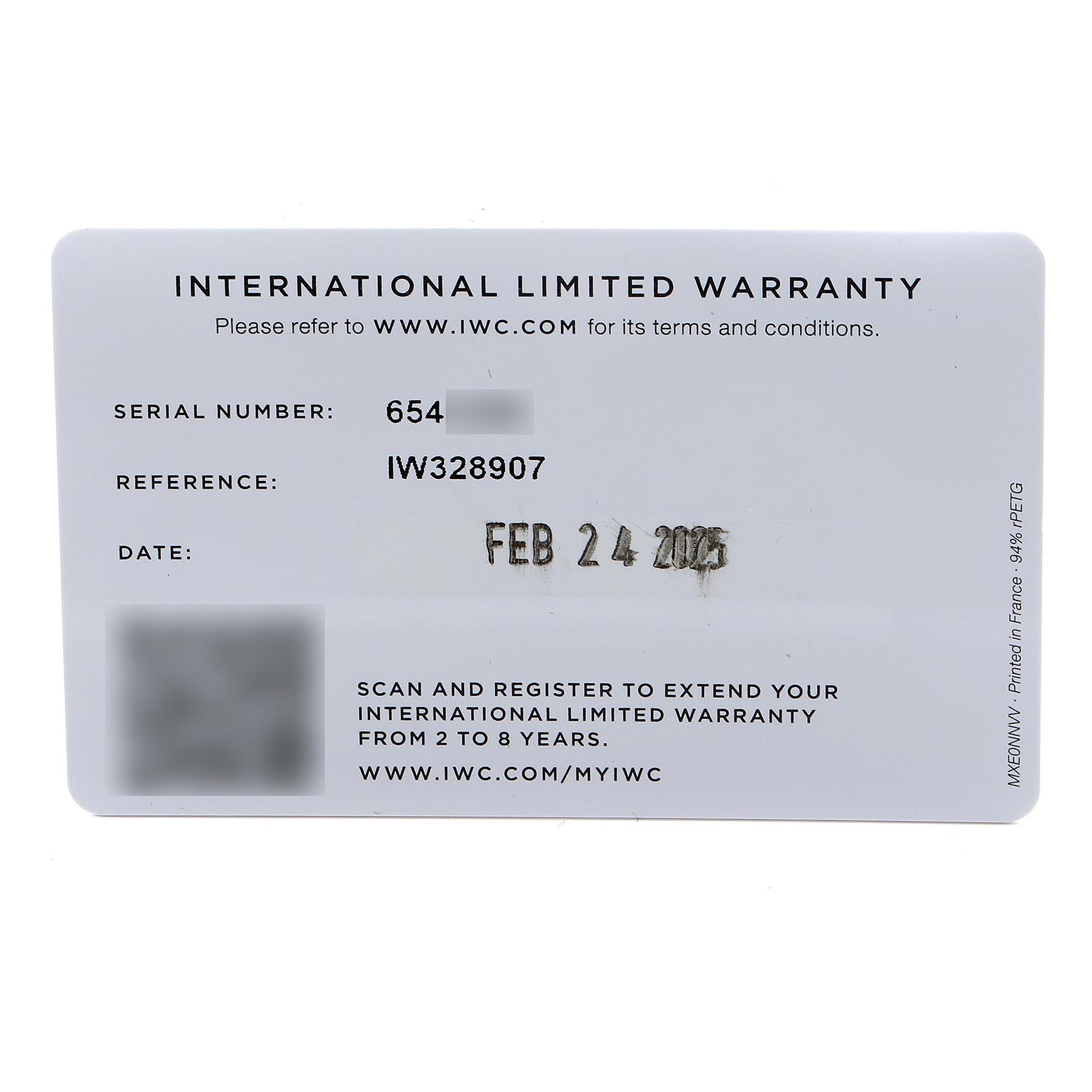 The image shows an International Limited Warranty card for the IWC Ingenieur IW328907 Men
s Stainless Steel Blue Dial IW328907 Men
s Stainless Steel Blue Dial watch.