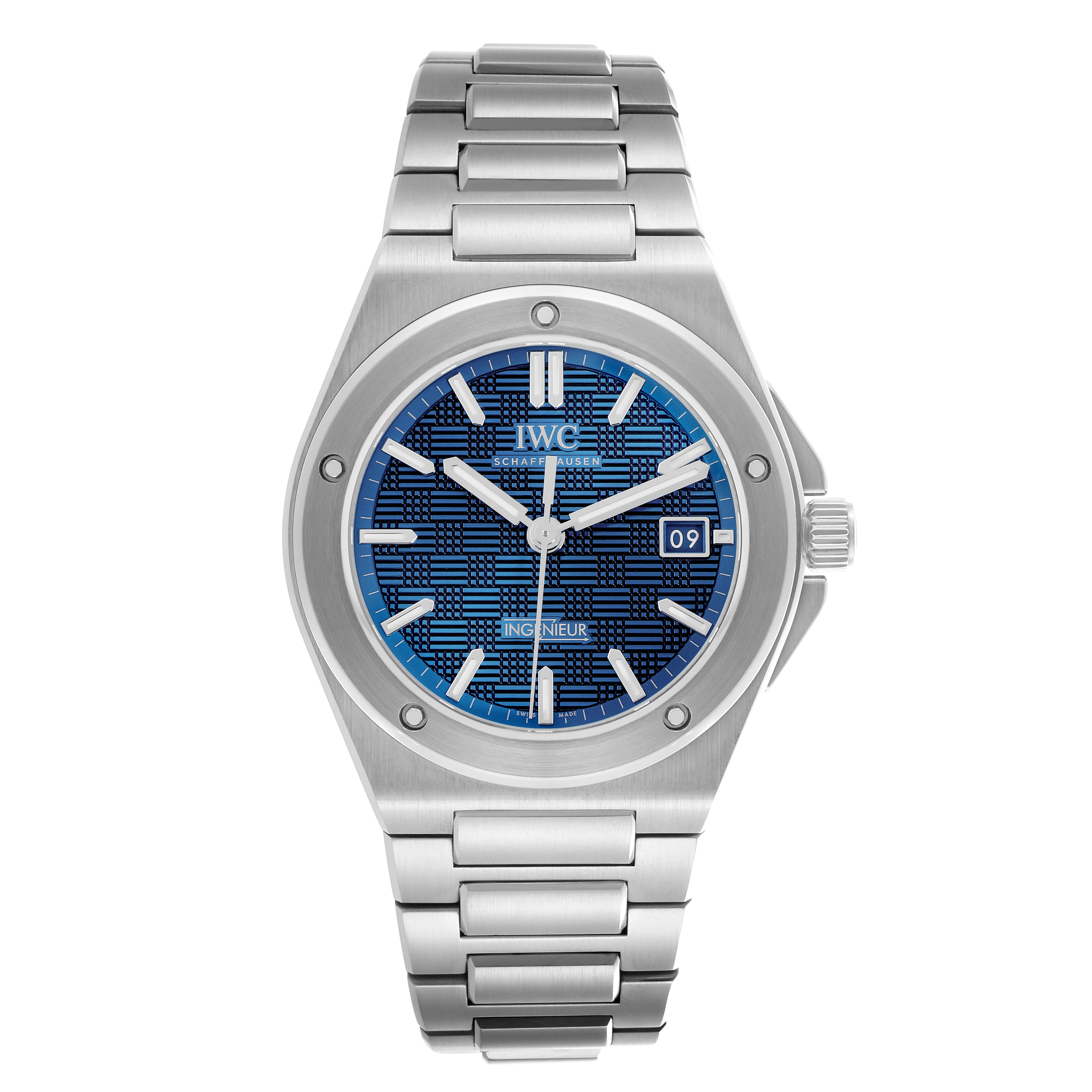 The IWC Ingenieur IW328907 Men
s Stainless Steel Blue Dial IW328907 Men
s Stainless Steel Blue Dial watch is shown from a front angle, featuring its blue dial, silver bezel, and metal bracelet.