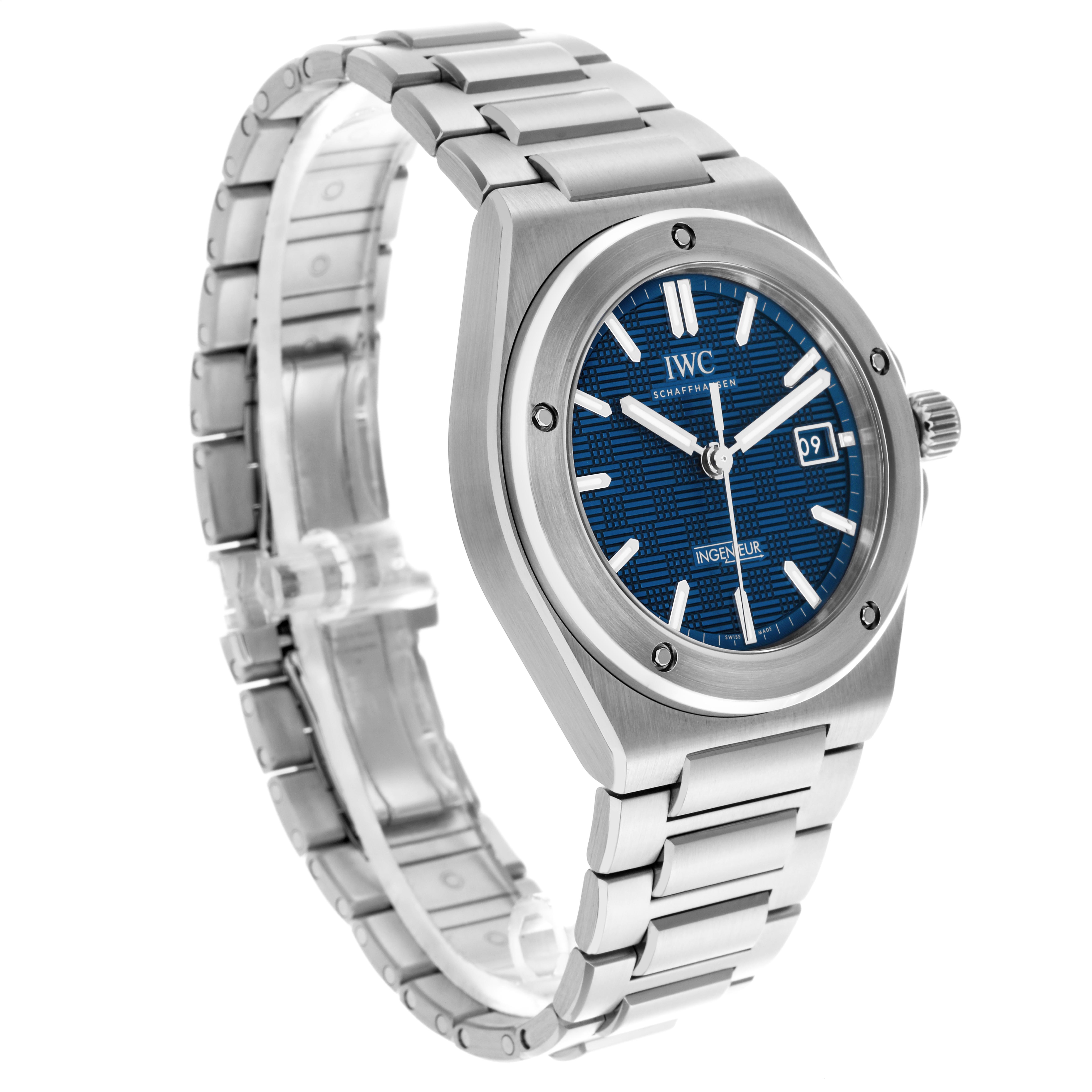 The IWC Ingenieur IW328907 Men
s Stainless Steel Blue Dial IW328907 Men
s Stainless Steel Blue Dial watch is shown at a three-quarter angle, highlighting the blue dial, bracelet, and date feature.