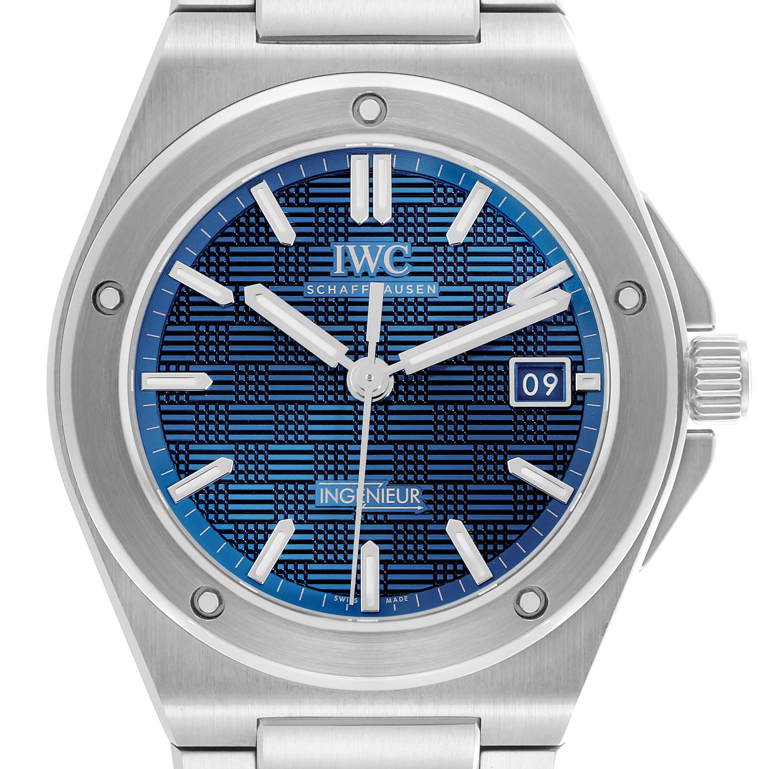 The IWC Ingenieur IW328907 Men
s Stainless Steel Blue Dial IW328907 Men
s Stainless Steel Blue Dial watch is shown from a front angle, highlighting the dial, hands, date window, and textured bezel.