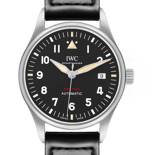 The IWC Pilot IW326801 Mens Stainless Steel Black Dial watch is shown from the front, displaying its black dial, luminous hands, date window, and leather strap.