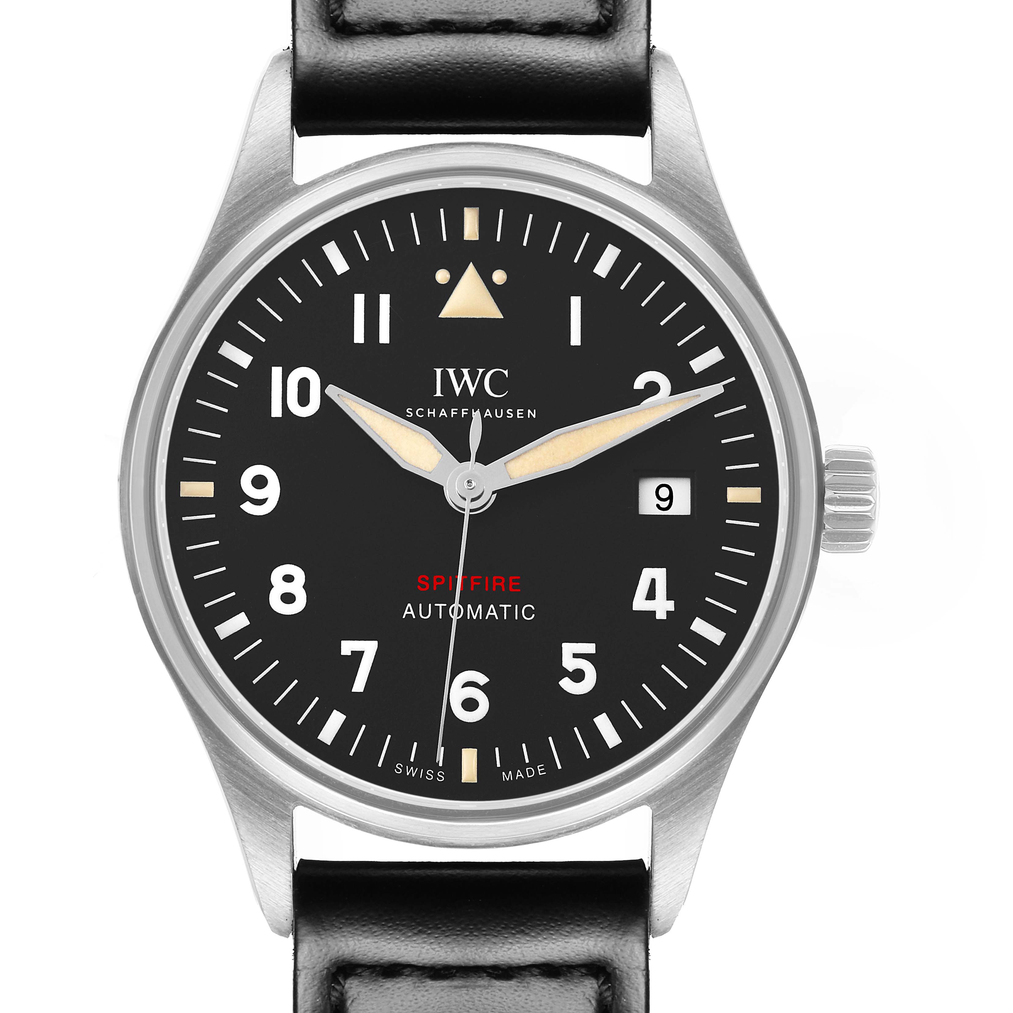The IWC Pilot IW326801 Men's Stainless Steel Black Dial model is shown from a front view, highlighting the dial, hands, date function, and leather strap.