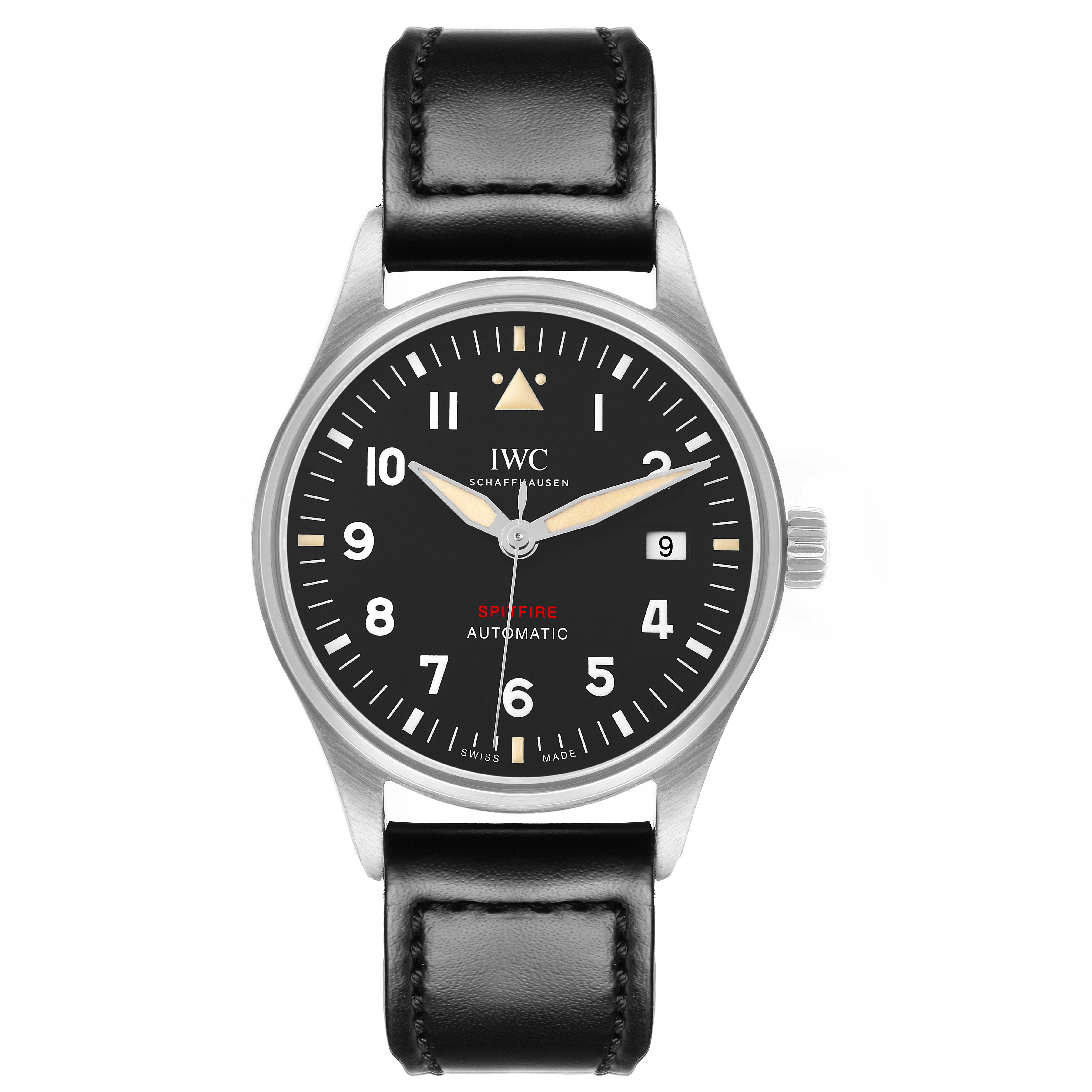 The IWC Pilot IW326801 Men's Stainless Steel Black Dial watch is shown from a front angle, highlighting its dial, hands, numerals, date window, and leather strap.