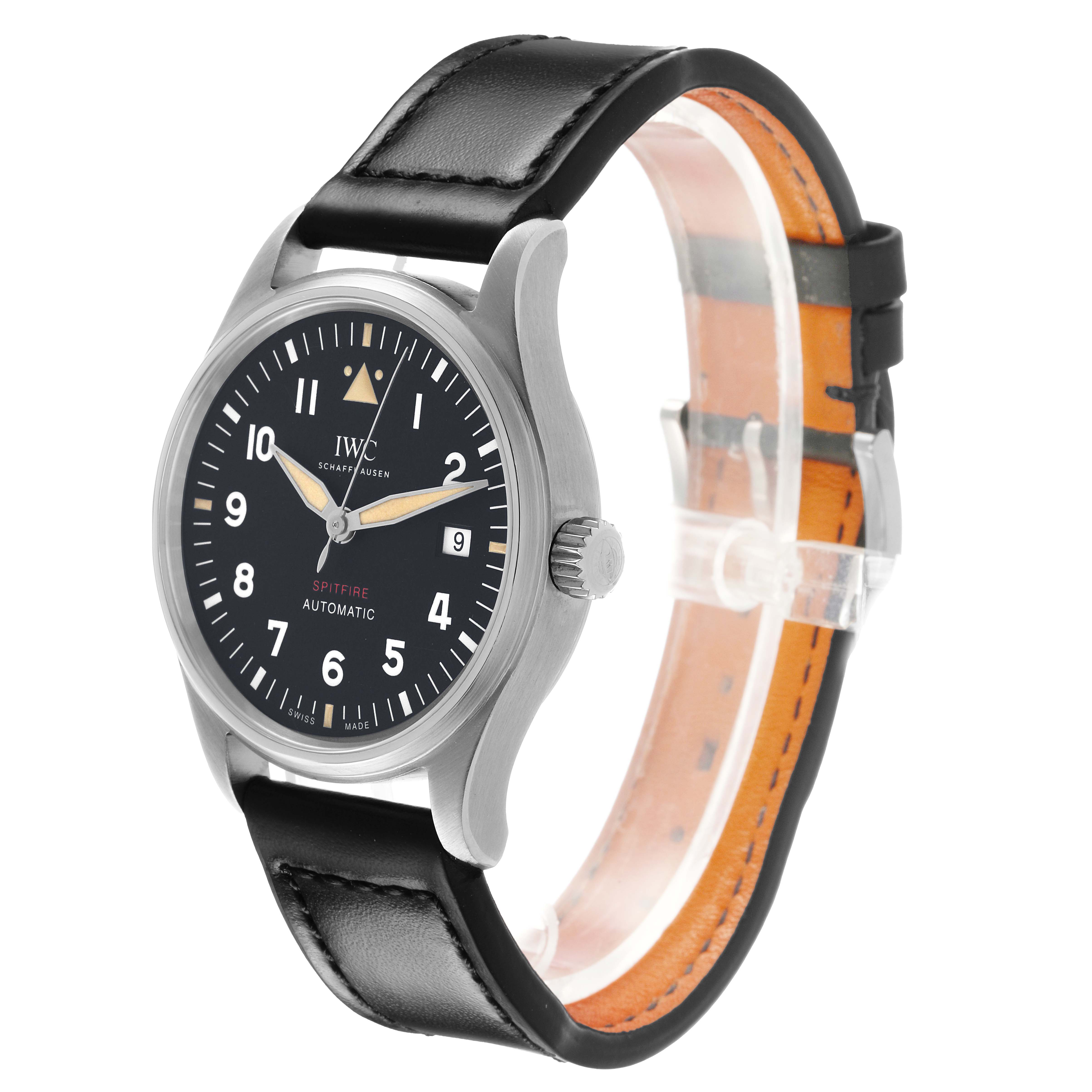 The IWC Pilot IW326801 Men's Stainless Steel Black Dial model watch is shown at a three-quarter angle, displaying the face, crown, and leather strap.