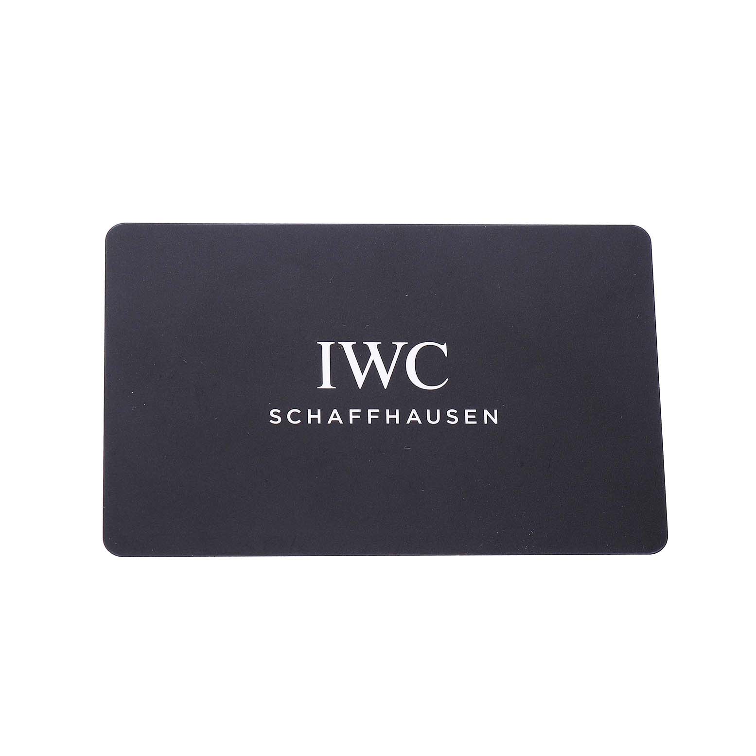 This image shows an IWC Schaffhausen card, likely an accessory or warranty card for the IWC Pilot IW326801 Men's Stainless Steel Black Dial model.