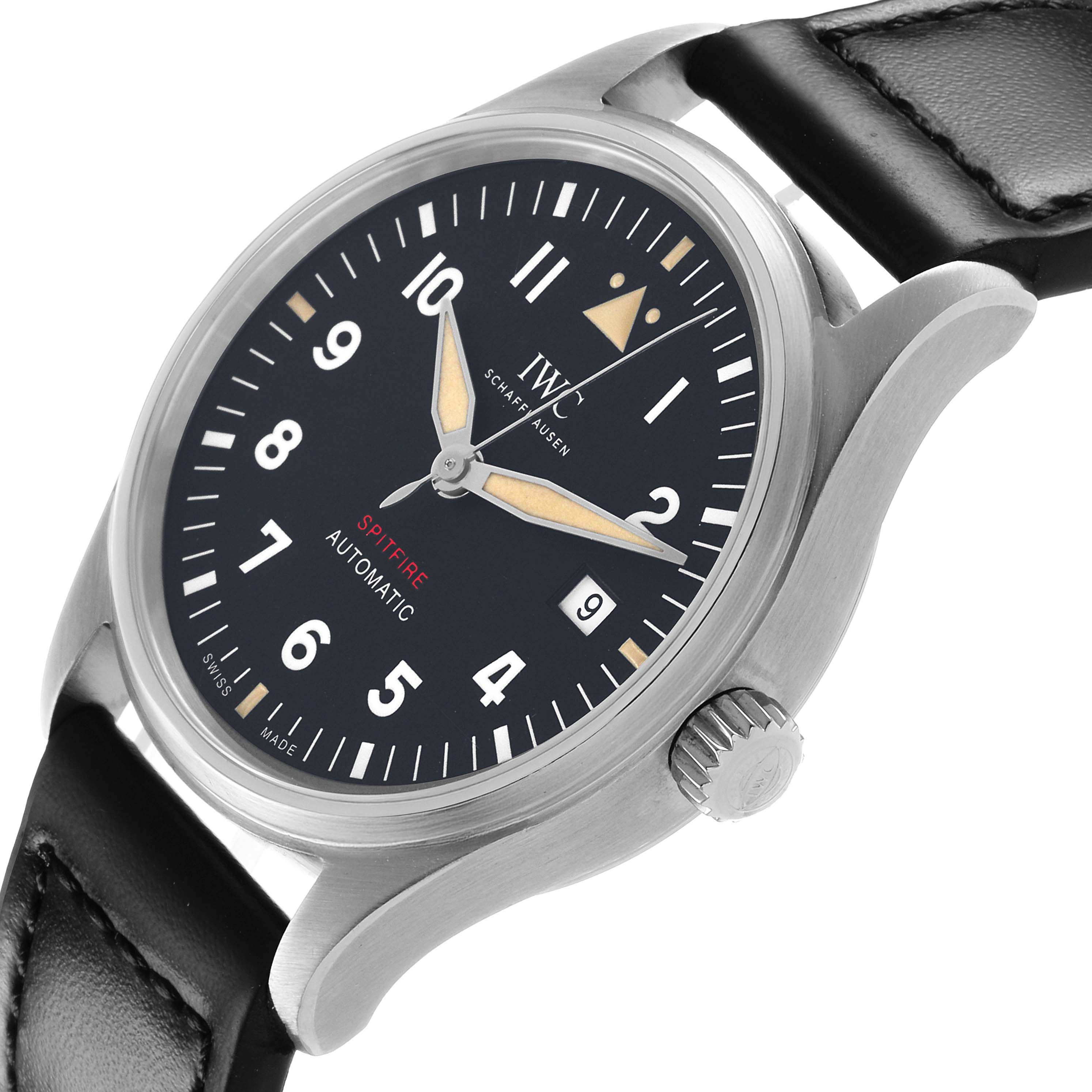 The IWC Pilot IW326801 Men's Stainless Steel Black Dial watch is shown at an angled view, displaying the face, crown, and black leather strap.