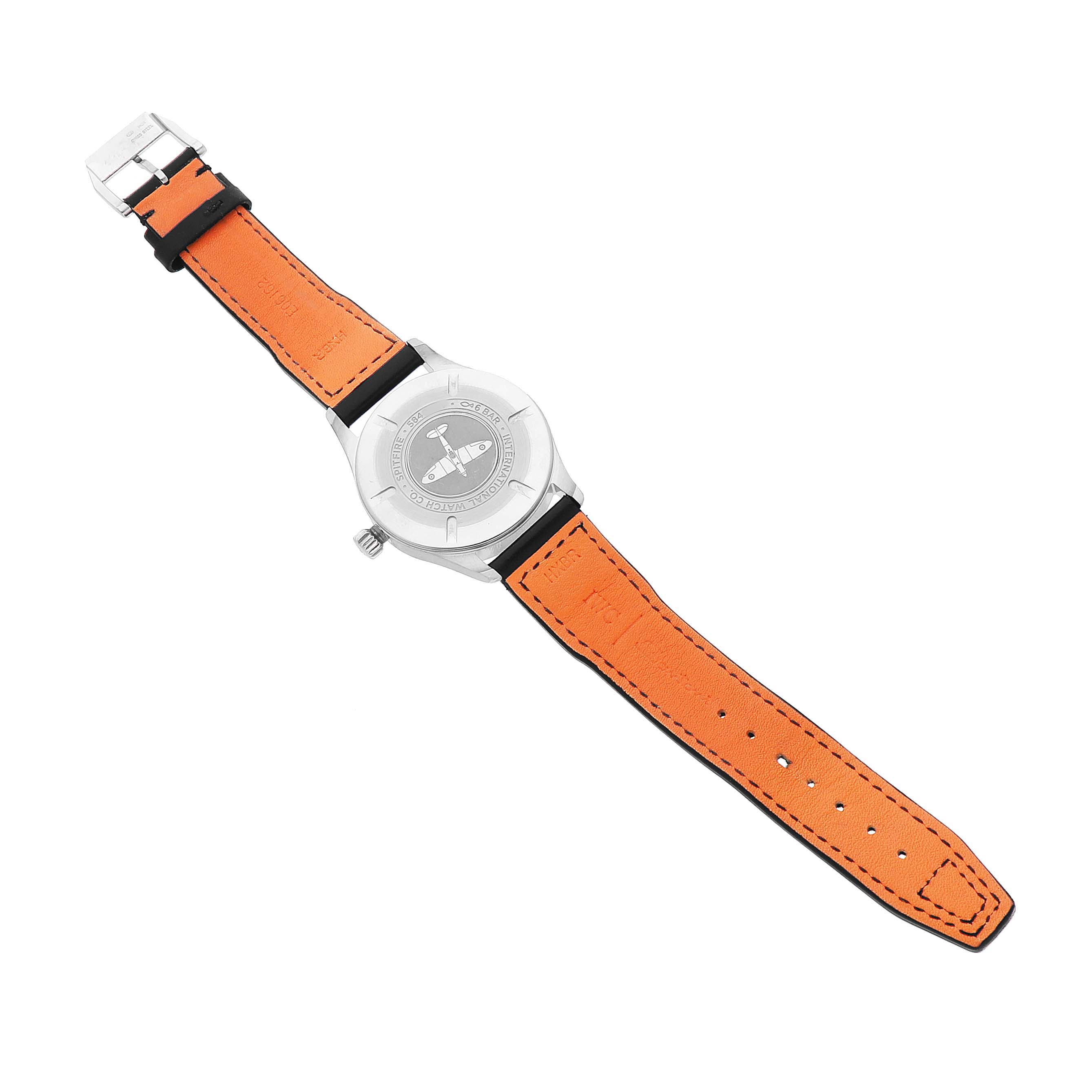 The IWC Pilot IW326801 Men's Stainless Steel Black Dial watch is shown from the back, highlighting the case back and orange leather strap.