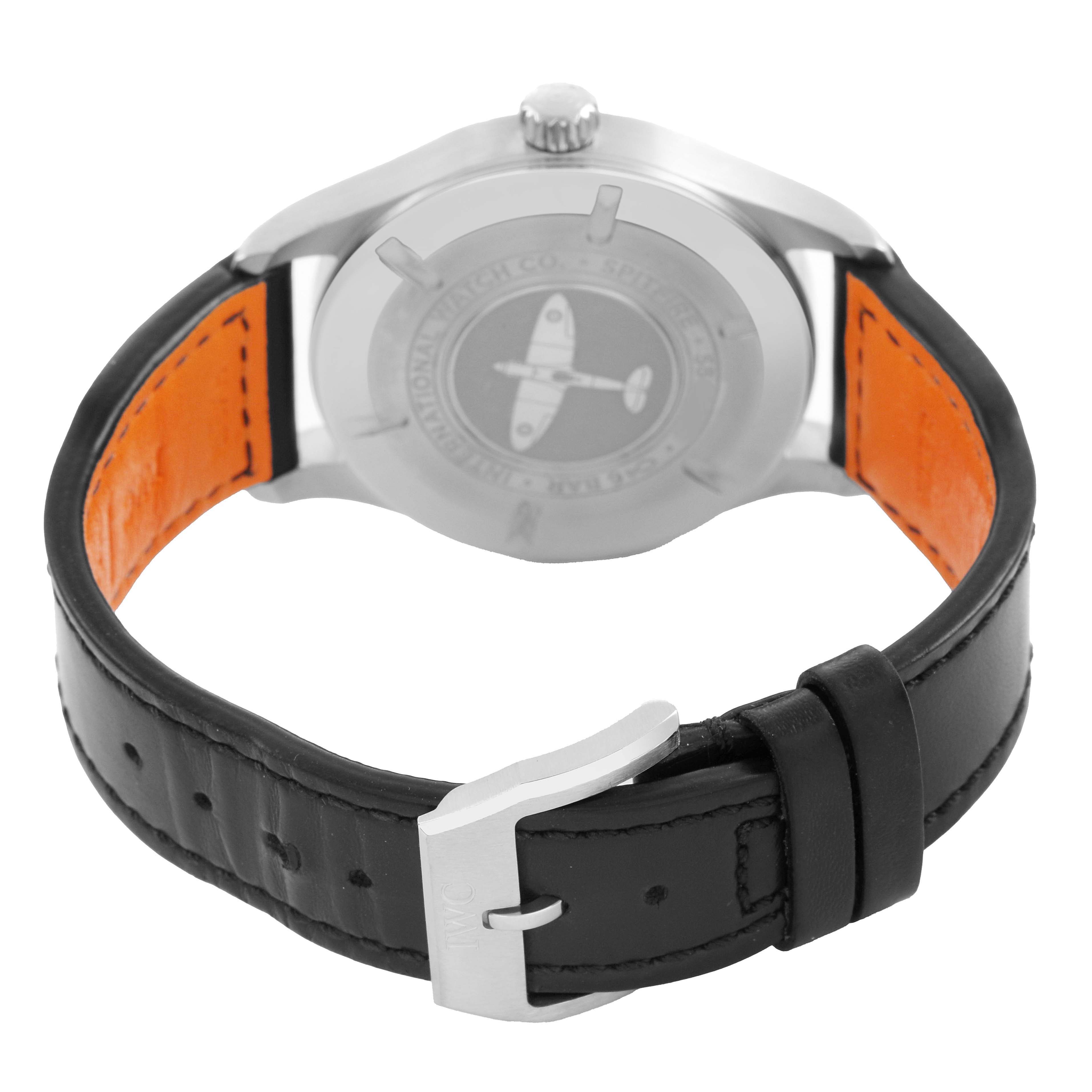 The image shows the back of an IWC Pilot IW326801 Men's Stainless Steel Black Dial model watch, highlighting the case back, buckle, and black leather strap with orange lining.