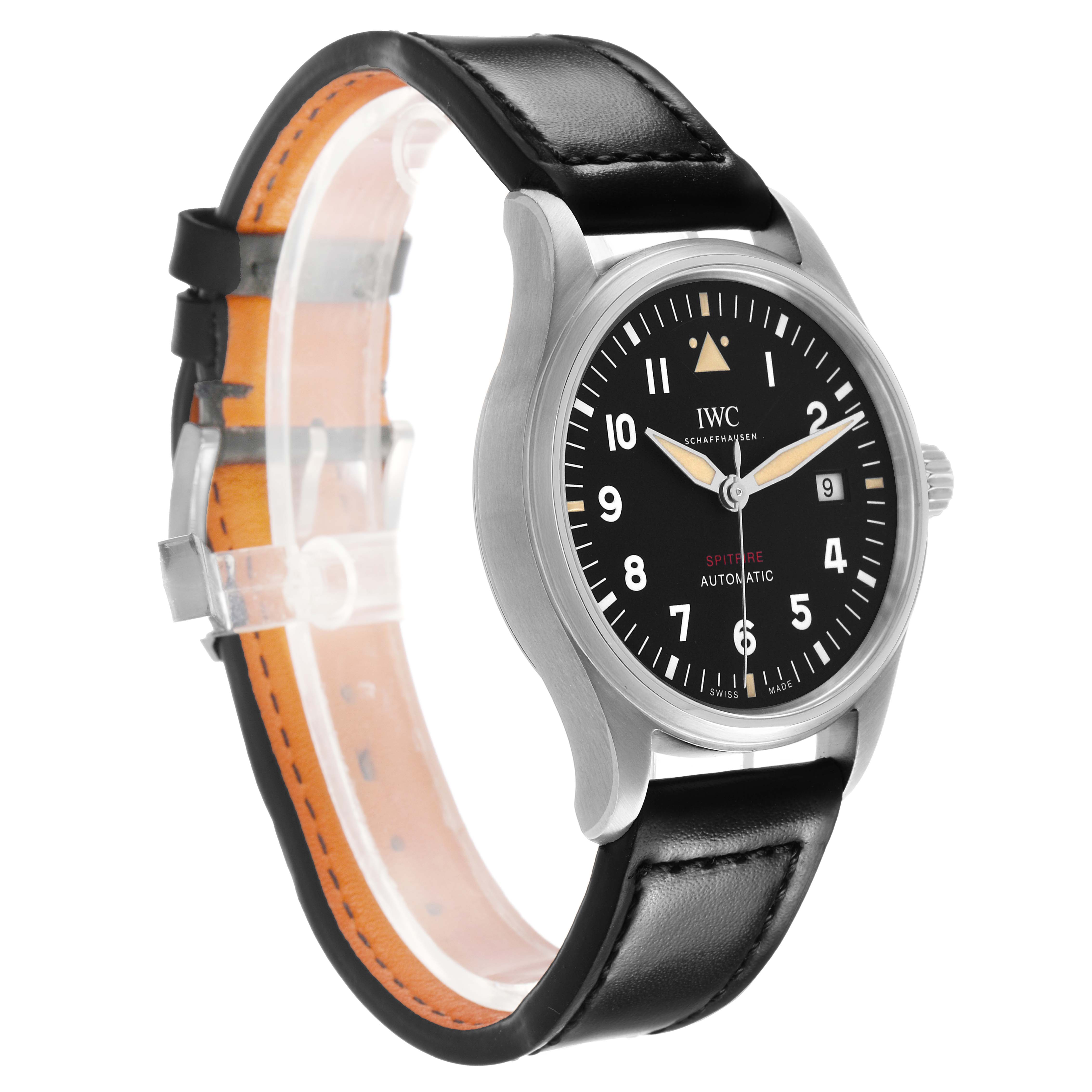 The IWC Pilot IW326801 Men's Stainless Steel Black Dial model is shown at a three-quarter angle, highlighting the watch face, case, and leather strap.