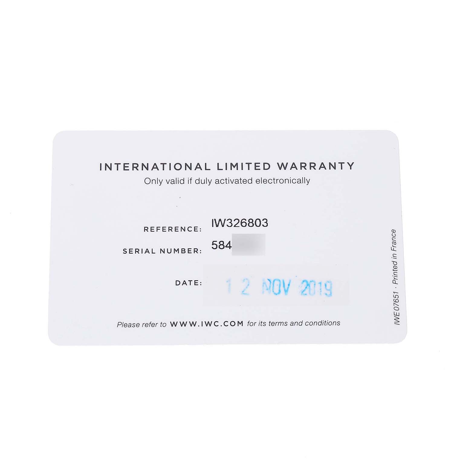 The image shows an IWC Pilot IW326801 Men's Stainless Steel Black Dial model warranty card with reference and serial numbers visible.